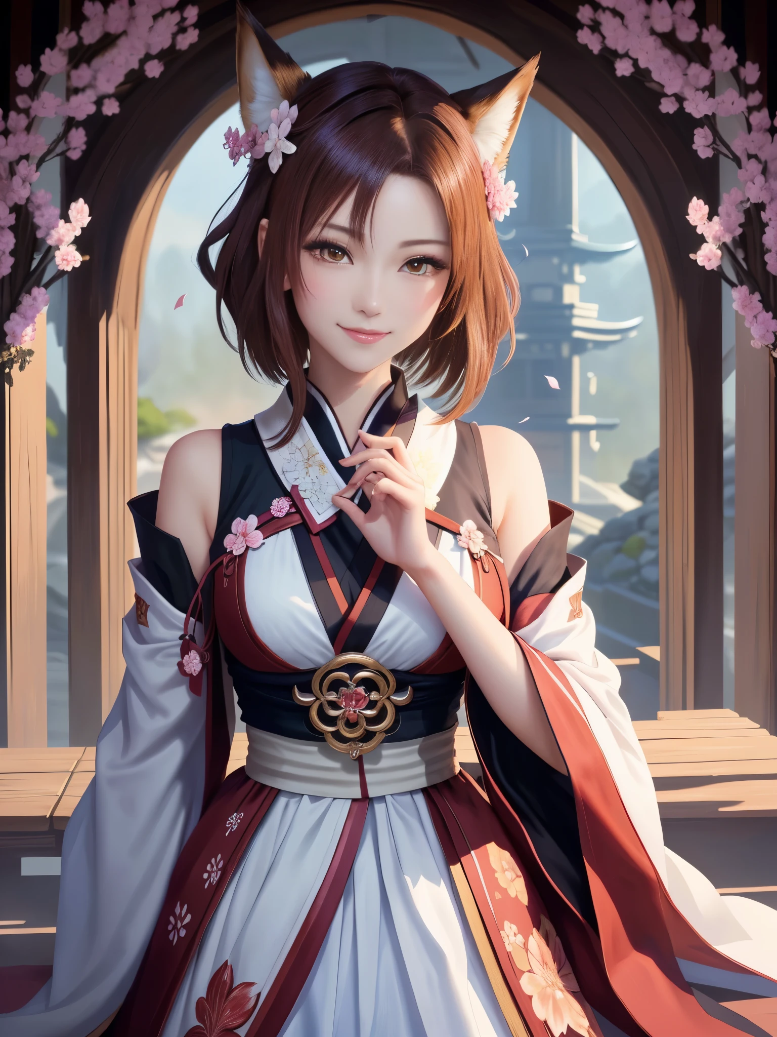 masterpiece , best quality,close up of face,smile,the whole body is facing forward,shoulder exposure,bright brown hair,slender body shape,brown eyes,sharp contrast,short hair,美しいフォルムのshort hair,just one person,precision quality,Faithfully reproduced eyes, 一面に咲くcherry blossom background,masterpiece, 幻想的なcherry blossom background,cherry blossom background,beautiful details, colorful, delicate details, delicate lips, intricate details, genuine, ultrargenuineista, 枝に座っている色とりどりの髪のFoxを持つ女の子:Mature, bright eyes, ,色とりどりのFox, raposa de nine tails, 三尾Fox, 三尾Fox, onmyoji detail art, beautiful fine art illustration, mythical creatures, Fox, beautiful digital art,shrine maiden,hold hands,exquisite digital illustration, mizutsune, Inspired by mythical wild web creatures, pixiv in digital art, shining light, high contrast, Mysterious,