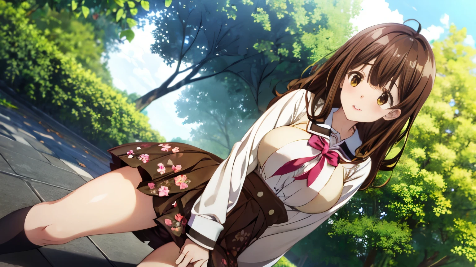 Sayuogiwara, Sayu Ogihara, brown hair, (brown eyes:1.5), medium hair,{{{Girl straddling a bike saddle cushion}}}, sayuogiwara,school uniform,mini skirt,beautiful breasts,,NSFW,Very embarrassing panic smile, (The wind flipped my skirt and exposed my pussy.........................、touch your butt with both hands、pink floral lace panties)、(big breasts)