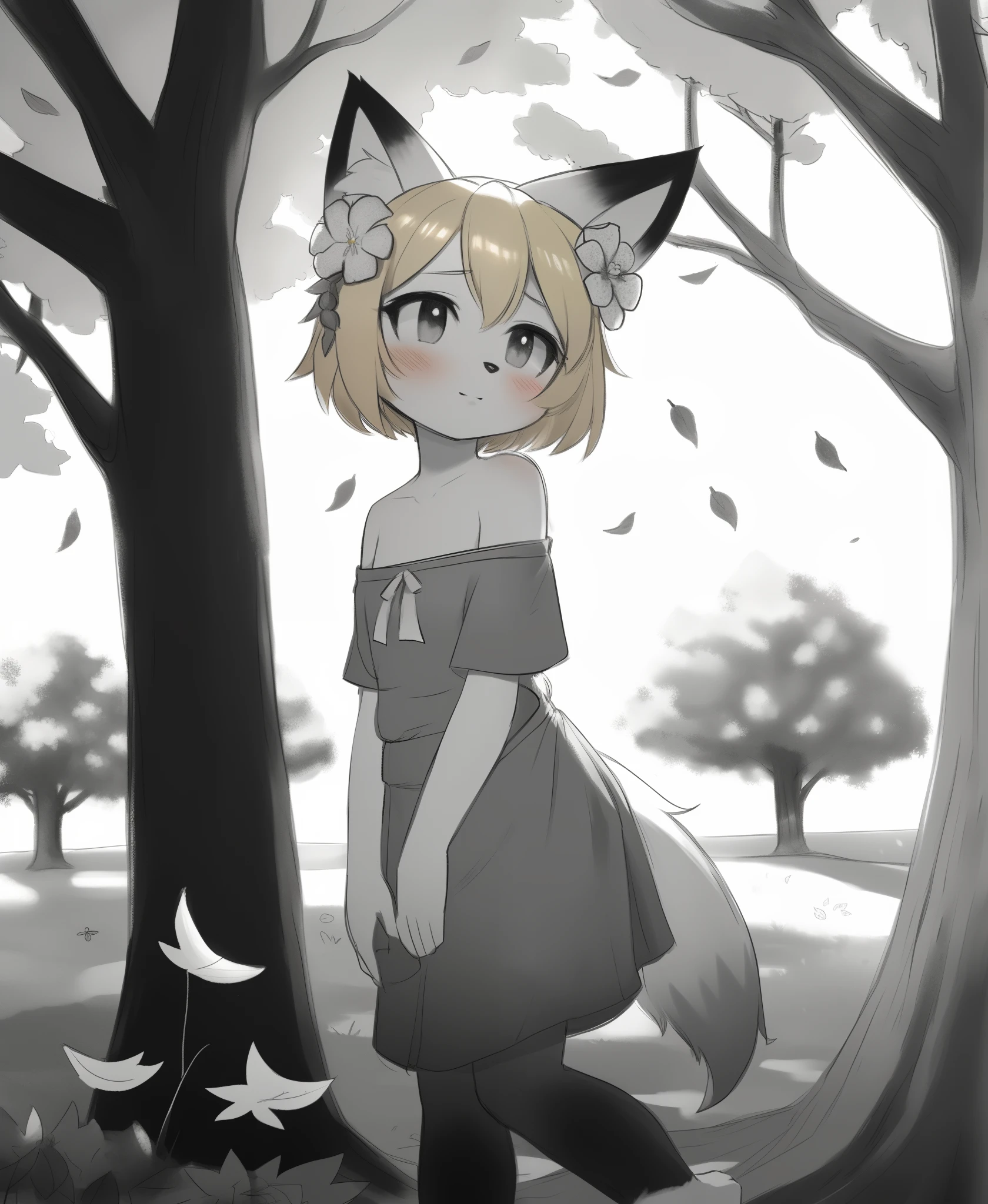traditional media, monochrome, (black and white:1.2), (sketch:1.3), colored marker cinematic angle, cinematic lighting, masterpiece, best quality, sen, blonde hair, animal ears, fox ears, blush, animal ear fluff, hair ornament, fox girl, hair flower, hair between eyes, short hair, fox tail, tail, flat chest, young girl, autumn, falling leaves, park with trees