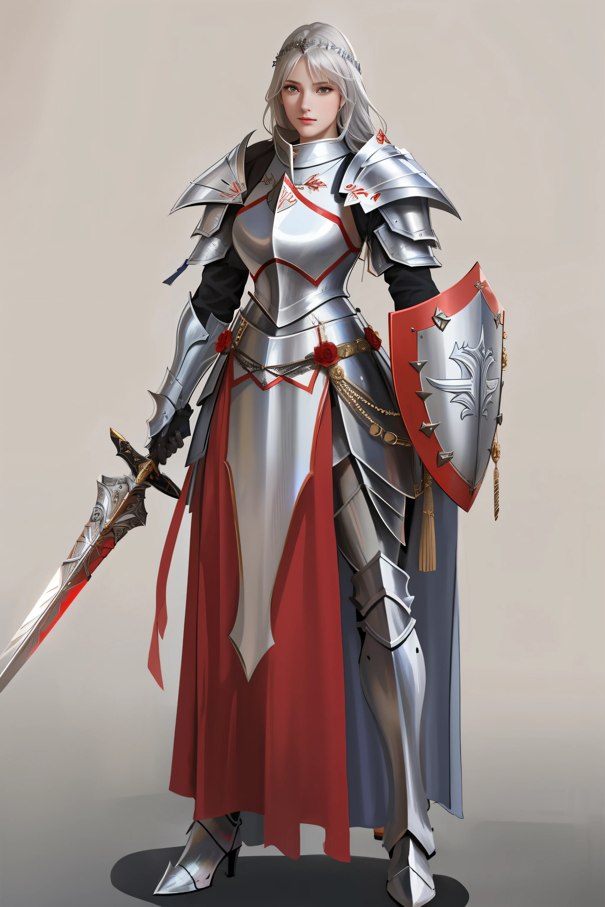 A woman in armor holding a sword and shield, female knight, of a beautiful female knight, beautiful female knight, Paladin, girl wearing knight armor, white and red helmet, portrait knight woman, Armor girl, beautiful armor, female armor, 幻想Paladin女人, gorgeous Paladin, bikini armor female knight, Silver armor and red clothes, 中世纪female knight