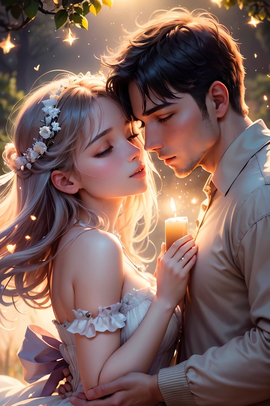 (best quality,4k,8k,highres,masterpiece:1.2),ultra-detailed,(realistic,photorealistic,photo-realistic:1.37),portrait:1.3,concept artists,romantic atmosphere,soft lighting,subtle shadows,muted colors,android app,romantic story,splash screen,lovers silhouette,moonlit night,starlit sky,whispering trees,gentle breeze, sparkling stars,twinkling lights,enchanted garden,glimmering fireflies,magical aura,love in the air,passionate emotions,heart-shaped clouds,soft pastel tones,melting hearts,dreamy ambiance,symbolic gestures,intimate connection,floating petals,romantic sunset(end)