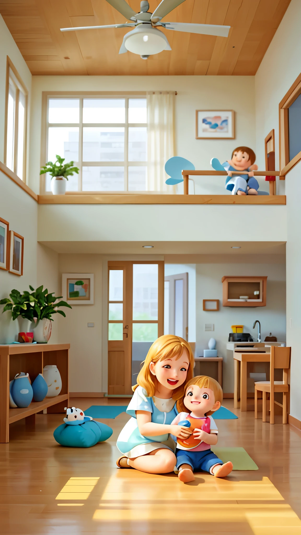 Parent- interaction,Hand Painted,indoor,Bright and spacious,Floor-to-ceiling windows,Mom holding baby,y expression,Simple and warm,Lens vista,sit on the floor,big scene