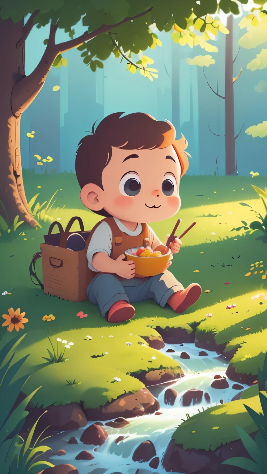 A cute little 4 year old boy, There are freckles on the face, Disney costumes, sunny morning, Sit on the meadows of the forest for a picnic, There was plenty of food on the tablecloth, There is a small river next to it. Children&#39;s book illustration style, Children&#39;s illustration style, Squashed, No contours,,curls, super wide angle