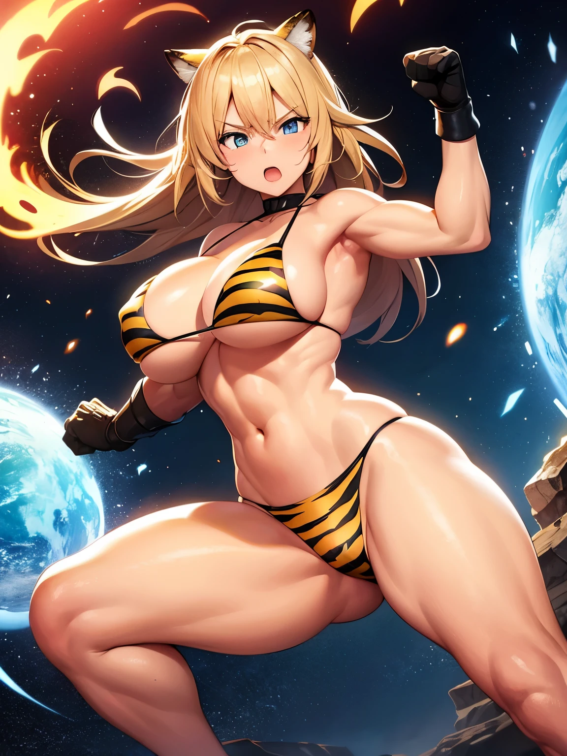 Girl muscle blonde bikini tiger with superpowers destroys the earth