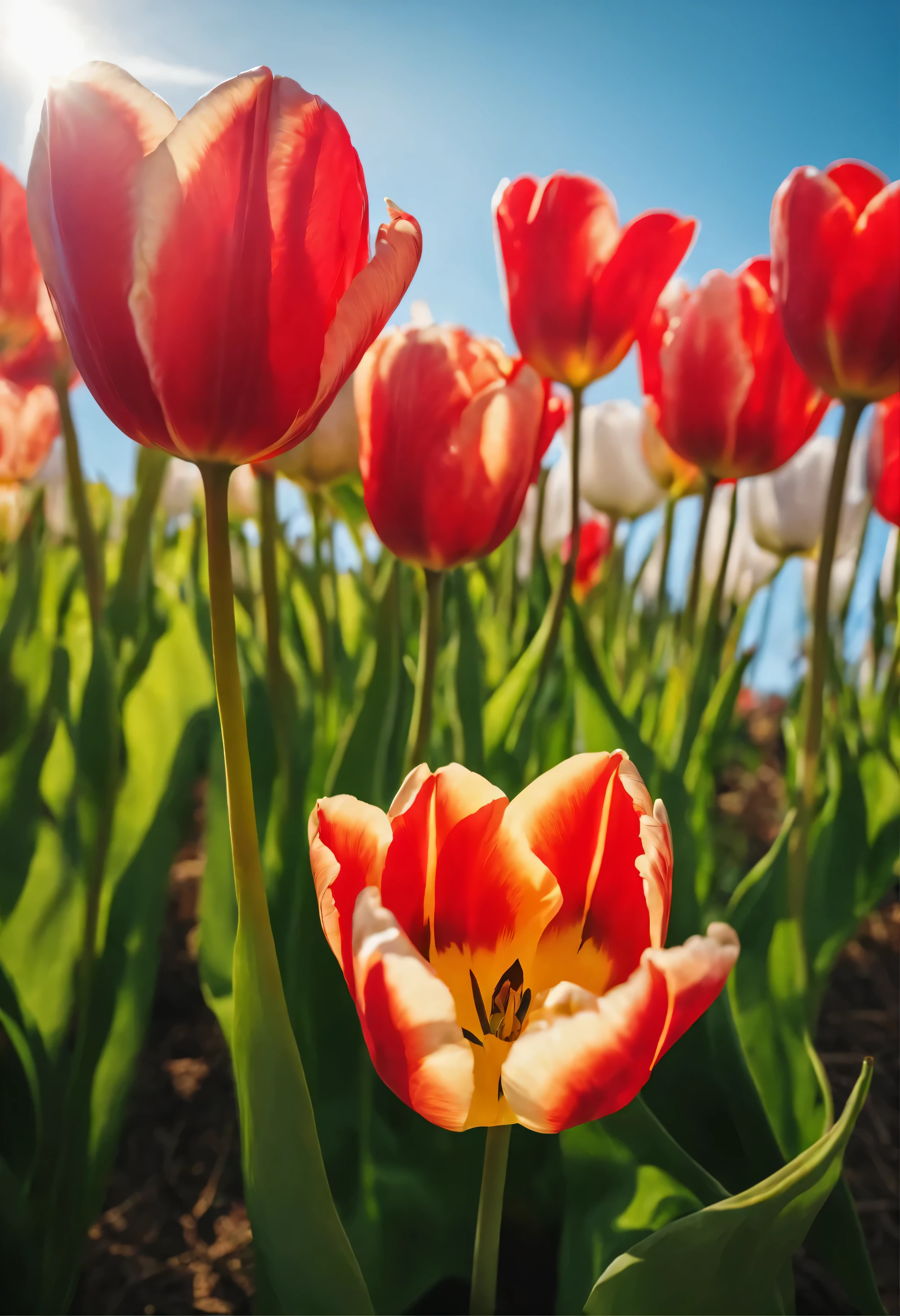 tulip flowers in foreground,rich and colorful,green grass, The blue sky is white, Real light and shadow,Texture texture,Natural light,C4D style,masterpiece,8k