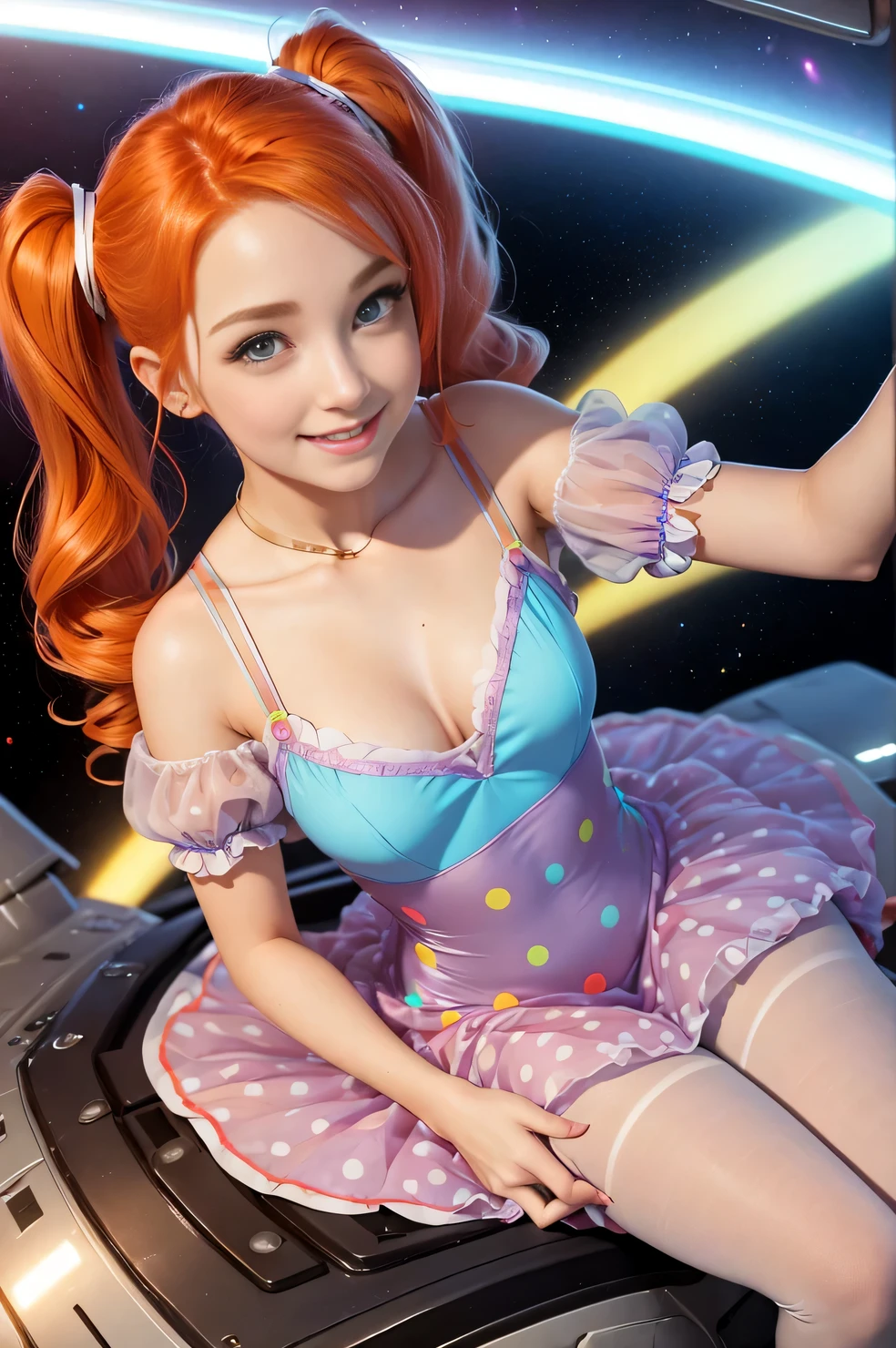 (overhead view) Cute redhead with rainbow colored hair tips, ribbons in her hair, 18-year-old woman, happy, smiling, in twin tails, perfect eyes, clear sparkling blue eyes, pale skin, silky smooth white skin, alabaster skin, flying a fancy metal luxurious space ship, futuristic cockpit, she's a pilot, outer space seen in windows, dark warm lighting, wearing a futuristic (chemise) party dress, low cut top, pleated (chemise) mini dress (pastel rainbow colors, and polka dots), puffy sleeves, ((also wearing tan pantyhose on her legs: 1.2)).