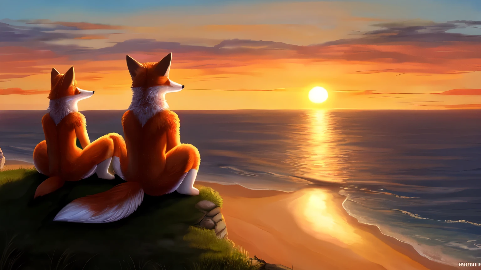 A couple of (fluffy) (with tails) foxes sit at the hill's edge, watching the sunset dip into the sea.

