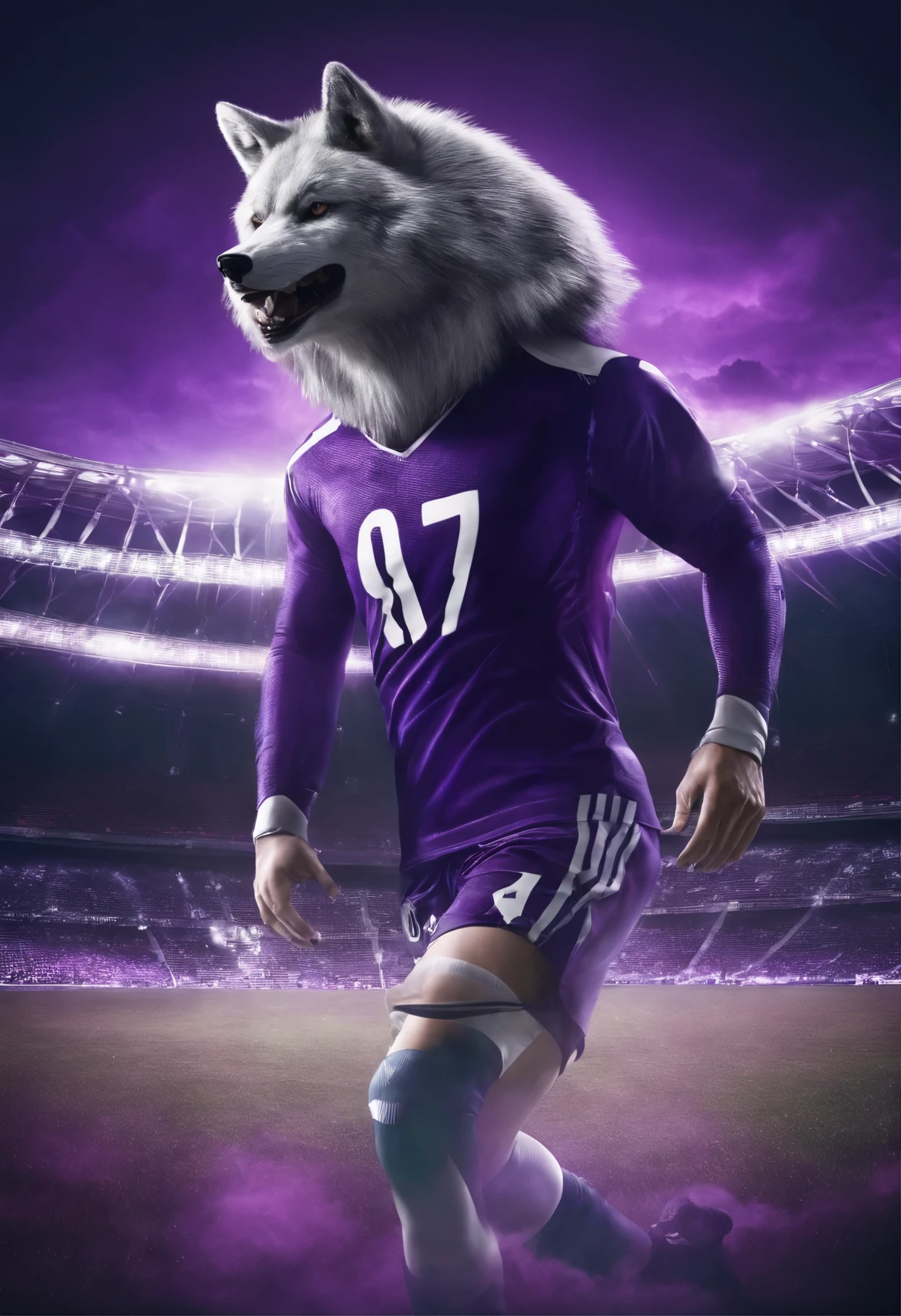 Make football or soccer jersey with colour purple and white and with logo of a wolve and the KWOLVES written on the of the shirt and the sides of the shorts