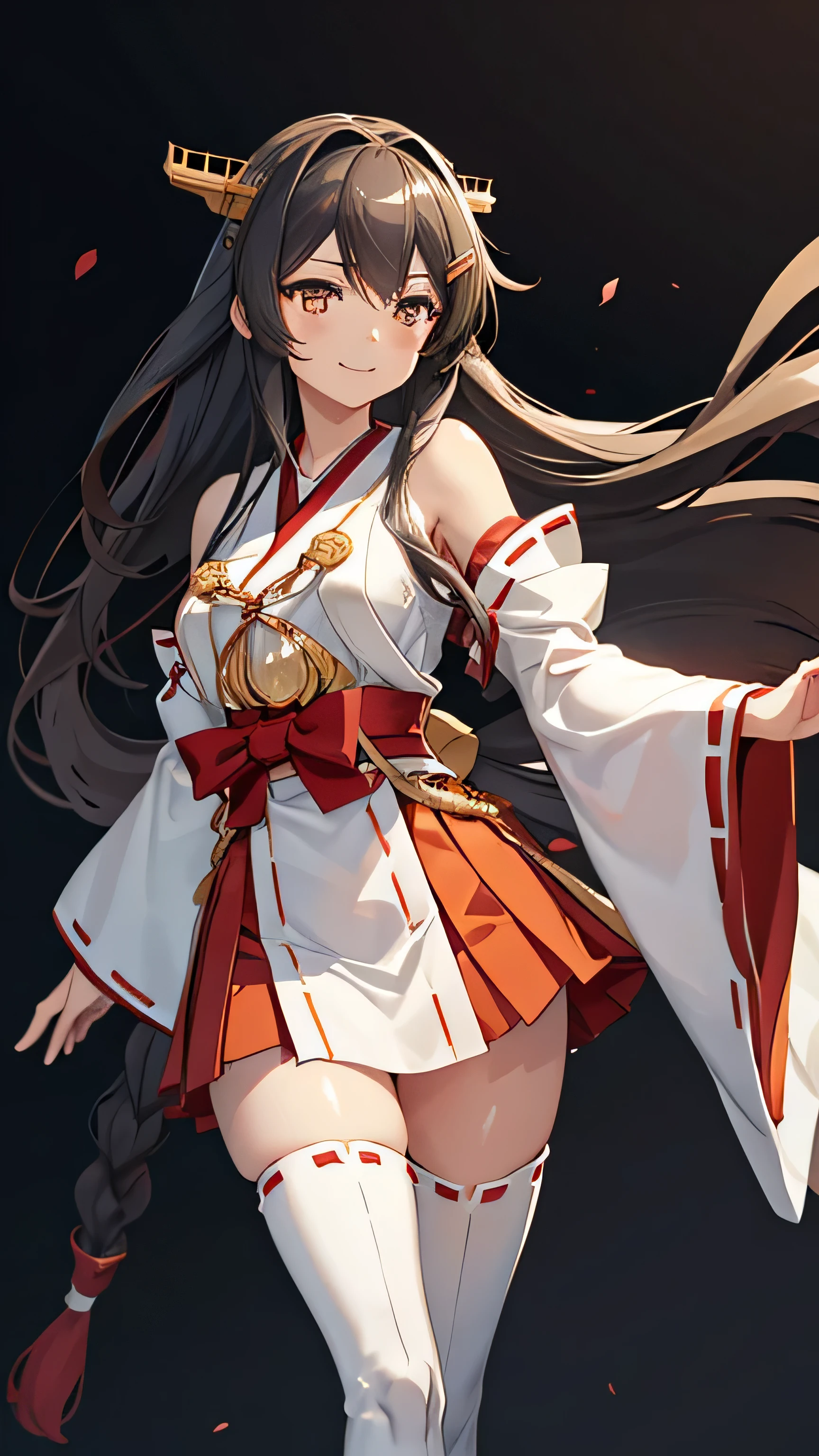 High resolution, masterpiece, highest quality, cinematic lighting, eyes visible through hair, See-through, shine, gold hair band, 艦隊これくしょん -KanColle-, non-traditional shrine maiden, red hakama short skirt, thigh boots, wide sleeve, bare shoulders, black waist ribbon, Aaron, hair clip, dark gray hair, Aaron, gold eyes, highest quality, 1 girl , masterpiece,dark gray hair, cinematic lighting, simple background, brown eyes, light smile, very long hair, non-traditional shrine maiden, Aaron (KanColle), looking to the side, shoulder cutout, light blush, Backlight, alone