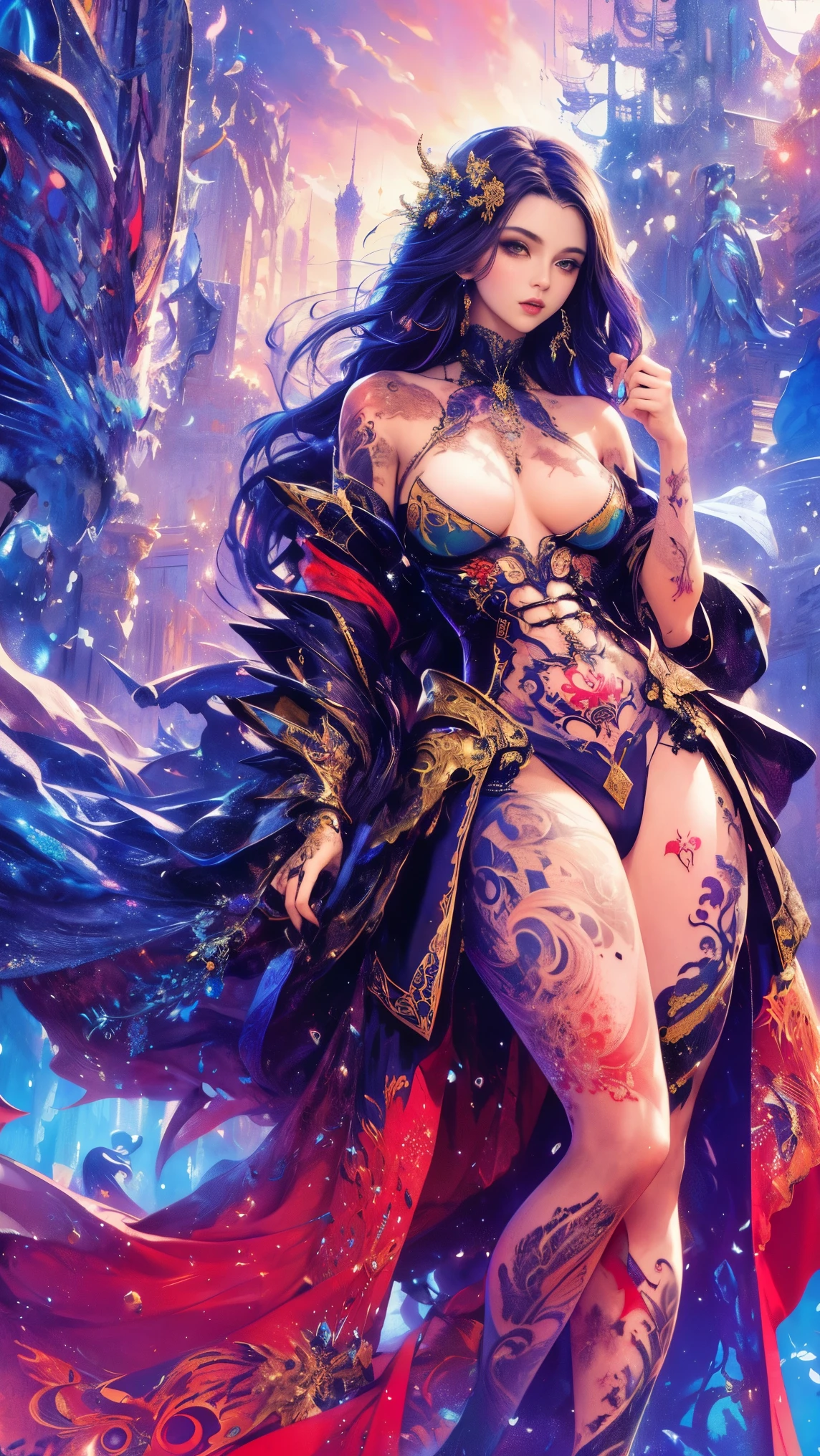 (Masterpiece, Top Quality, Top Quality, Official Art, Beautiful and Aesthetic: 2), (beautiful tattoo:2),(Photorealistic: 1.4), Sharp Focus, (Wearing Detailed Body Jewelry, one girl, Beautiful Sexy, ((Succubus Demon ))), (dynamic pose), (change pose), (dynamic angle), beautiful face, detailed face, perfect proportions, (small breasts:1.7),navel, crotch gap, thighs, cowboy Shot, Highly Detailed, (Fractal Art: 1.5), Colorful, Best Detailed, (Sexy Armor:1.3), ((Movie Lighting)),cool beauty,(tall women:2),Precisely expresses details such as face and skin texture,beautiful eye,double eyelid,delicate skin,slender body shape,