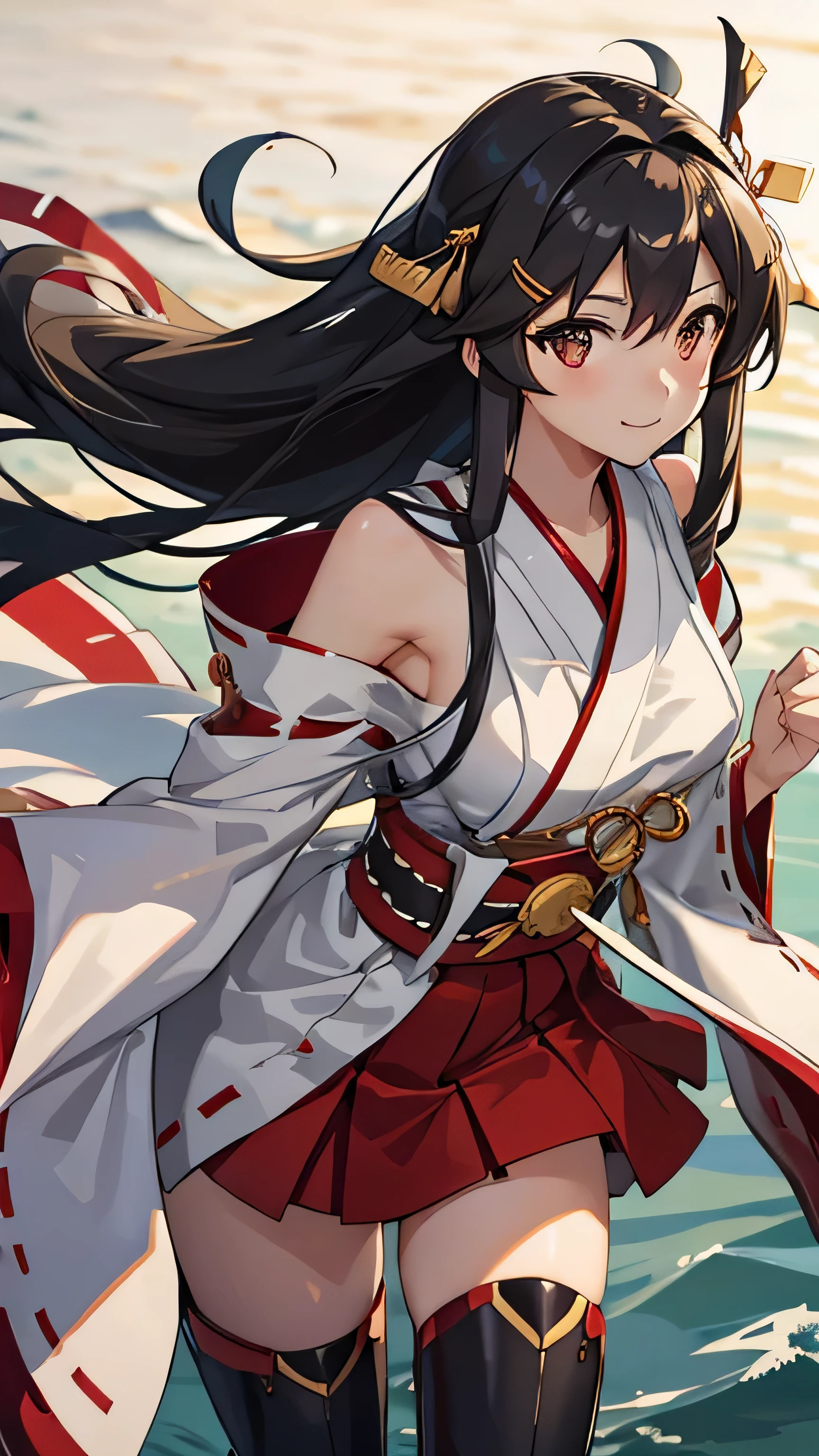 High resolution, masterpiece, highest quality, cinematic lighting, eyes visible through hair, See-through, shine, gold hair band, 艦隊これくしょん -KanColle-, non-traditional shrine maiden, red hakama short skirt, thigh boots, wide sleeve, bare shoulders, black waist ribbon, Aaron, hair clip, dark gray hair, Aaron, gold eyes, highest quality, 1 girl , masterpiece,dark gray hair, cinematic lighting, simple background, brown eyes, light smile, very long hair, non-traditional shrine maiden, Aaron (KanColle), looking to the side, shoulder cutout, light blush, Backlight, alone