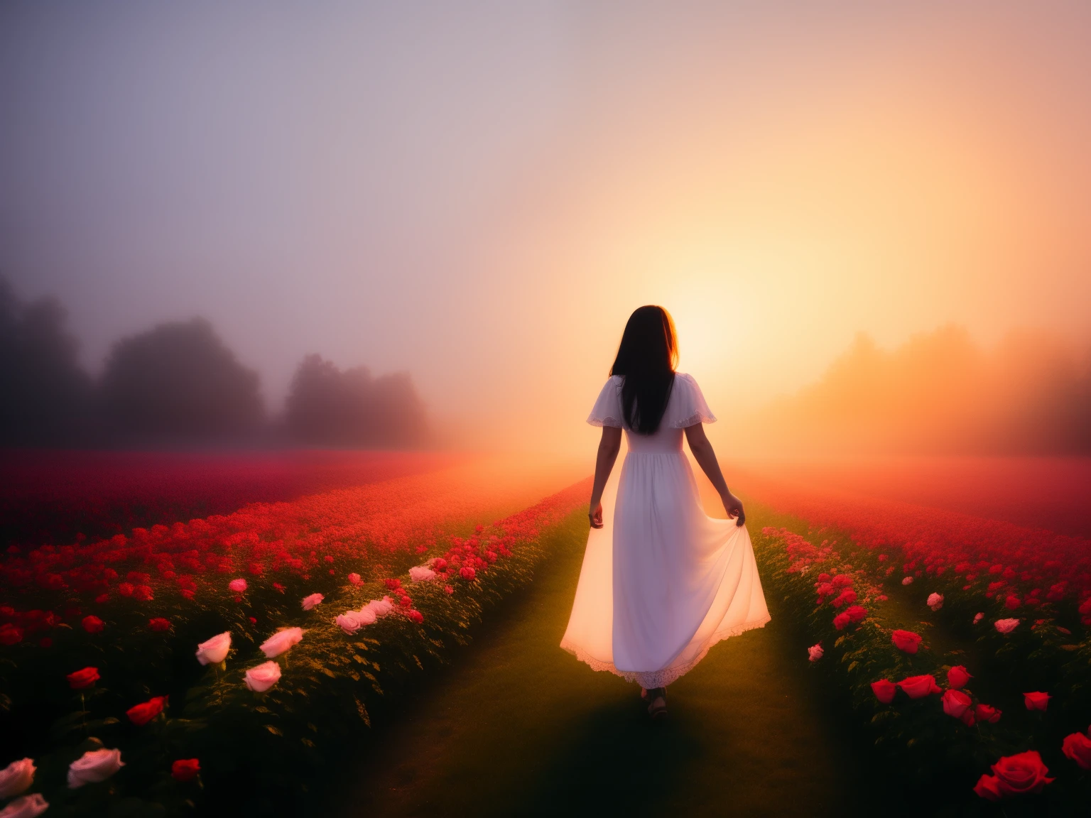 river, girl in a white dress, warm light, night, Different colors of roses, fog