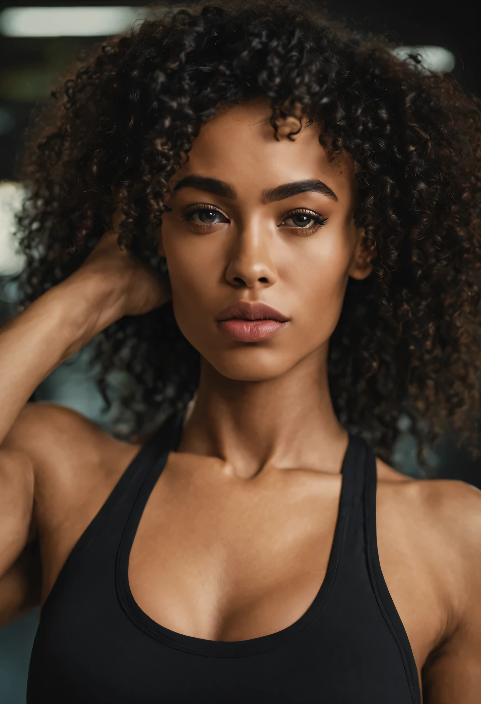 8k half body shot of a beautiful exotic 23 year old female supermodel standing inside a gym, she is half black American and half Korean, she has a huge frizzy curly black hair puffy afro, she has golden brown skin, a dark beauty mark above her lip, long eyelashes, full but narrow dark eyebrows, LIGHT GREEN Korean eyes, full puffy lips, red lipstick, high cheekbones, strong jawline, a deep cleft on the chin, narrow pointy nose, she has a tall hourglass muscle toned body, wide hips and busty breasts, she is wearing a black cropped tank top and tight fitness shorts, her muscular abs are exposed, she is facing and seductively staring into the camera, indoor lighting, photorealistic, 8k high-resolution