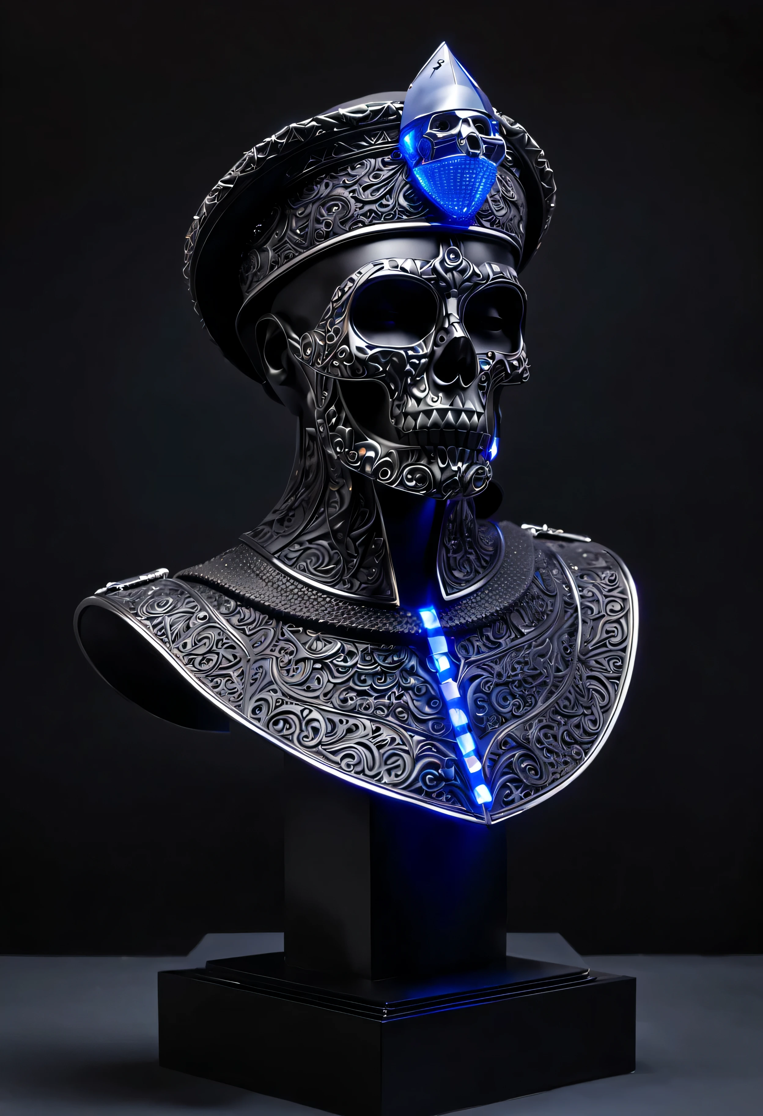 dark gray statue of david，broken to pieces，Comes with stainless steel skull mask，Wearing black women&#39;s hat，There is a pattern on the hat，The surface of the statue is smooth，Overall dark black background，A triangular LED ambient light strip hangs from the statue，Lighting does not affect statues and masks，Lights emit red and blue transitions。Very sci-fi，