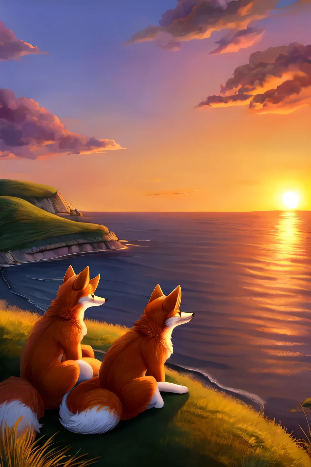 A couple of (fluffy) (with tails) foxes sit at the hill's edge, watching the sunset dip into the sea.
