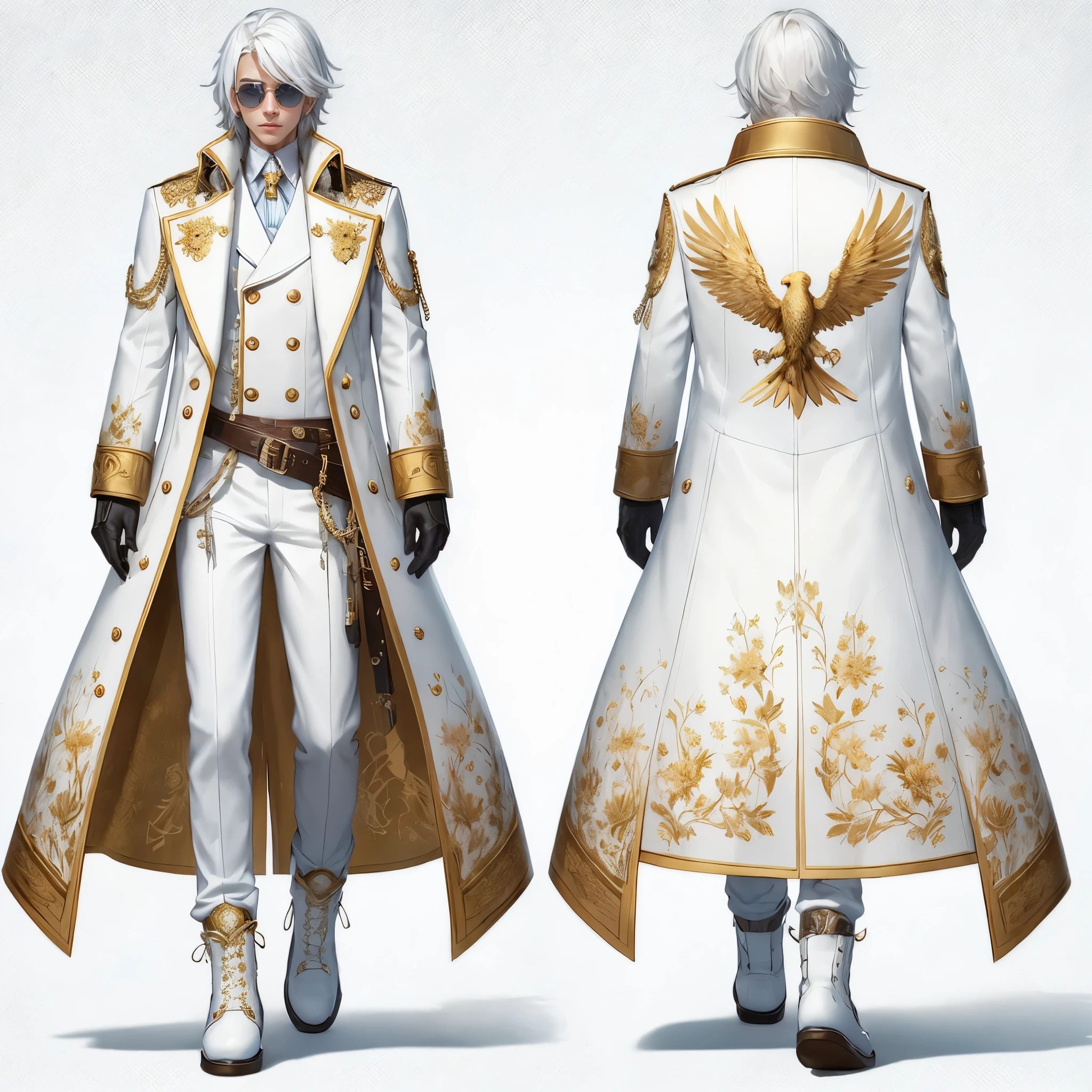 Realistic anime character with short white hair and sunglasses dressed in a long, gold buttoned white coat with three separated coattails. A golden, floral pattern decorates the entire coat. A gold lining runs across the edges of the coat, a silky, golden flower blossom pattern decorates the inner lining, and an eagle pattern on the back. He wears white pants, leather belt, white gloves, and tall white boots. He has a tall figure, and broad shoulders.