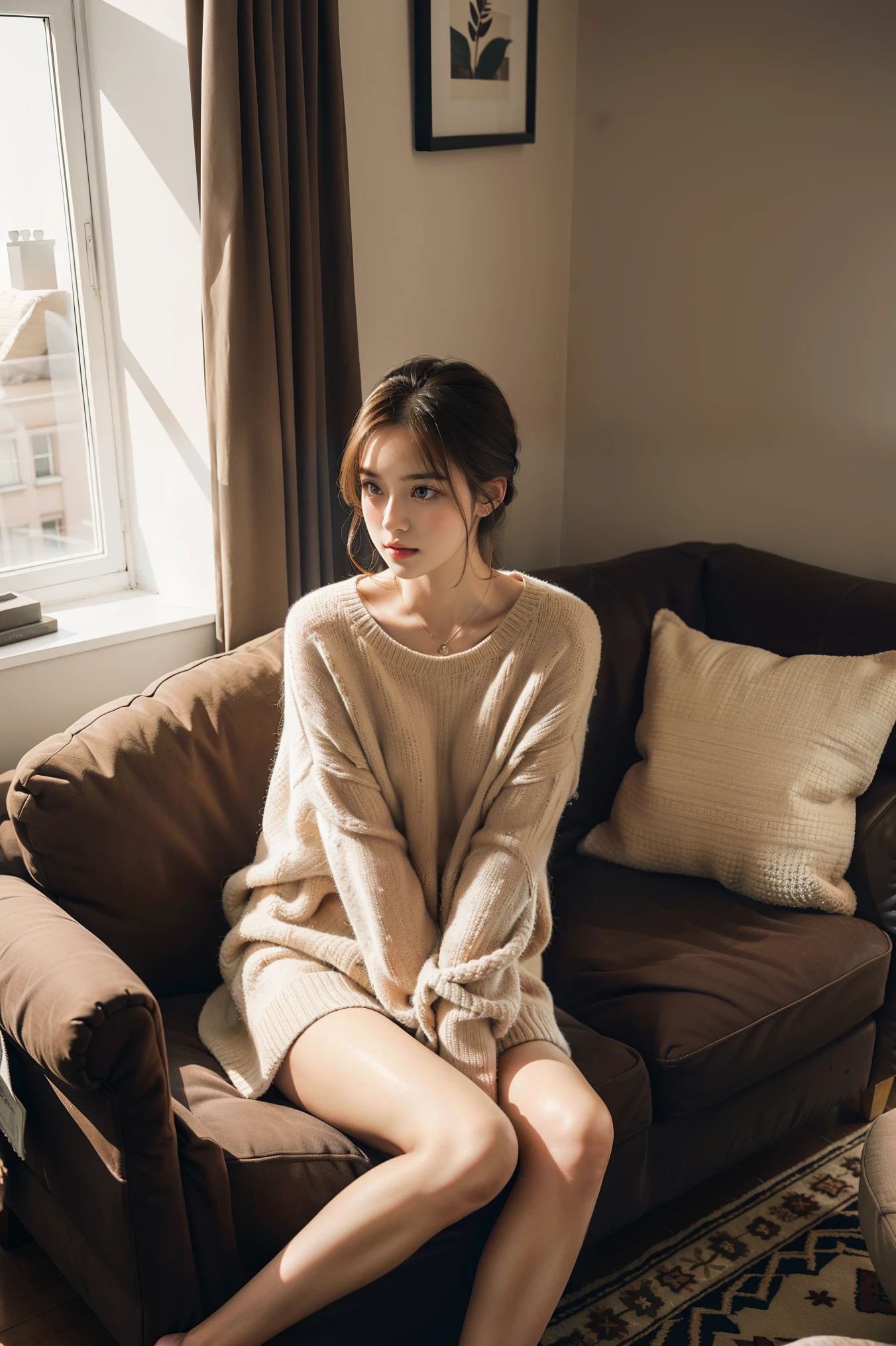 1 girl,sitting on a cozy sofa,cross your legs,soft light、beautiful、stylish room、By the window