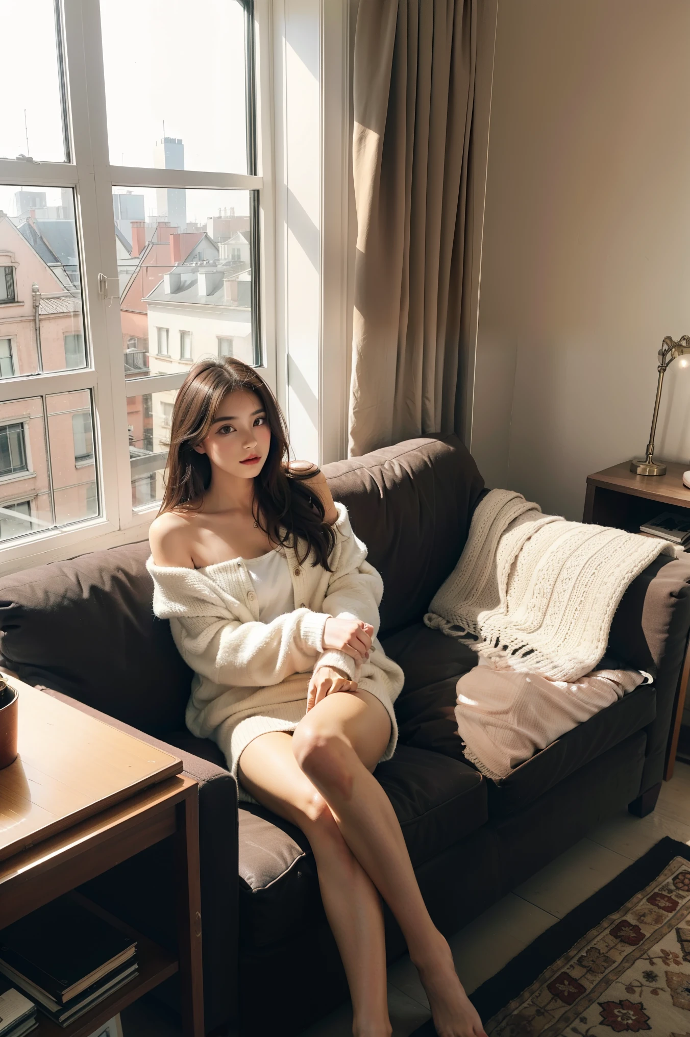 1 girl,sitting on a cozy sofa,cross your legs,soft light、beautiful、stylish room、By the window