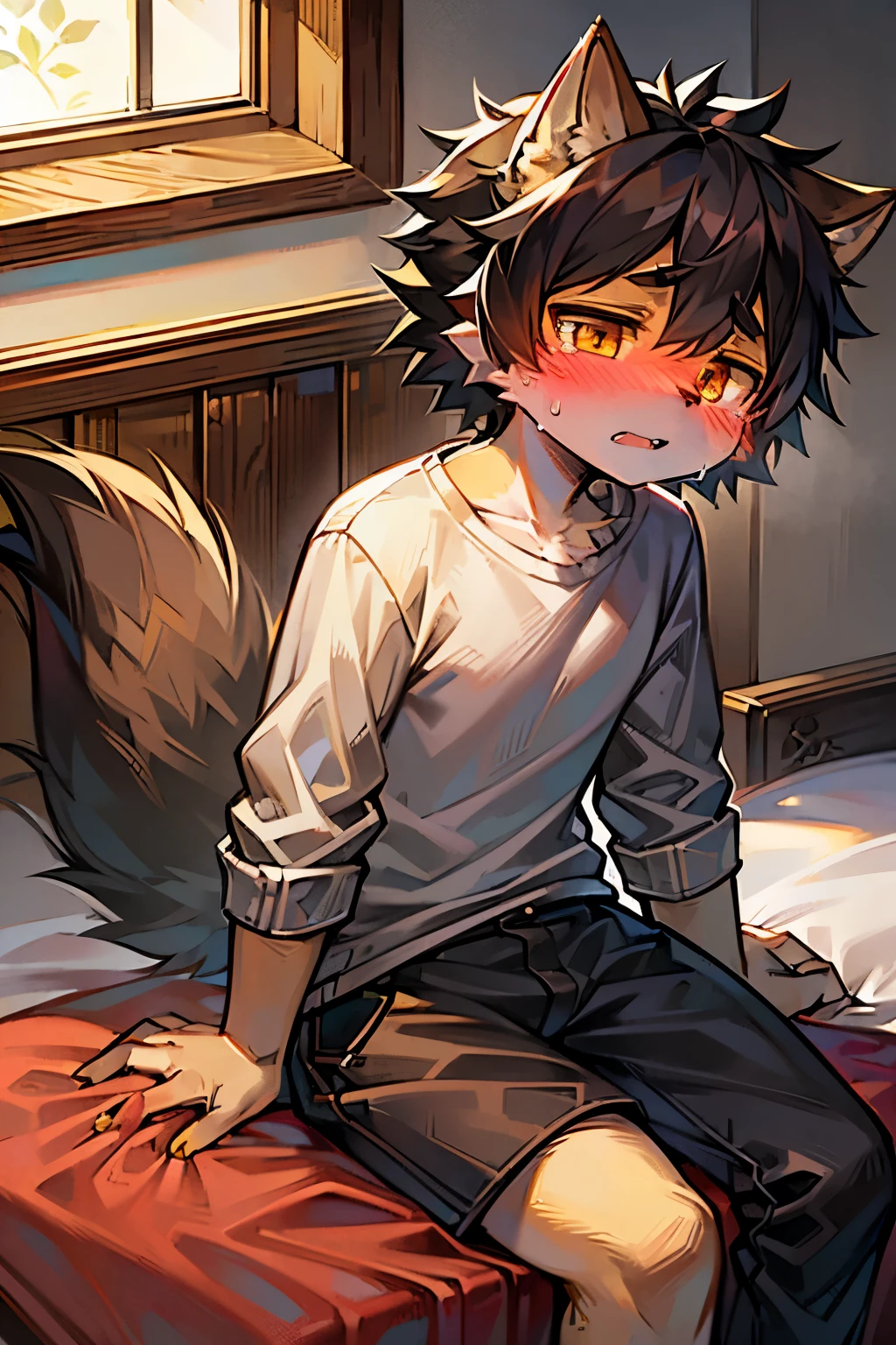 1 Chico, Wolf, young person, messy hair, black hair, short hair, masterpiece, Very detailed, Casual clothing corner,8 year-old,黑色的Wolf,golden eyes,duck sitting,on the bed,cry,blush,Red meat pad
