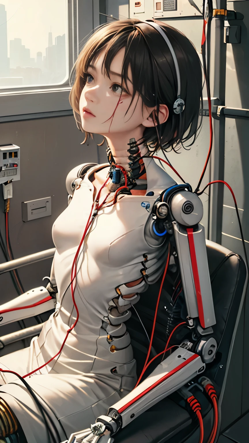 (((masterpiece))), (((highest quality))), ((super detailed)), (Highly detailed CG illustration), ((very delicate and beautiful)),(cute delicate face),cinematic light,((1 mechanical girl)),alone,whole body,(machine made joint:1.4),((mechanical limbs)),(exposed muscles),(blood vessels connected to tubes),(brain in a container:1.3),((mechanical vertebrae attached to the back)),((Mechanical cervical vertebrae attached to the neck)),((sitting)),No expression,(Wires and cables attached to the head and body:1.5),small breasts,short hair,(character focus),SF