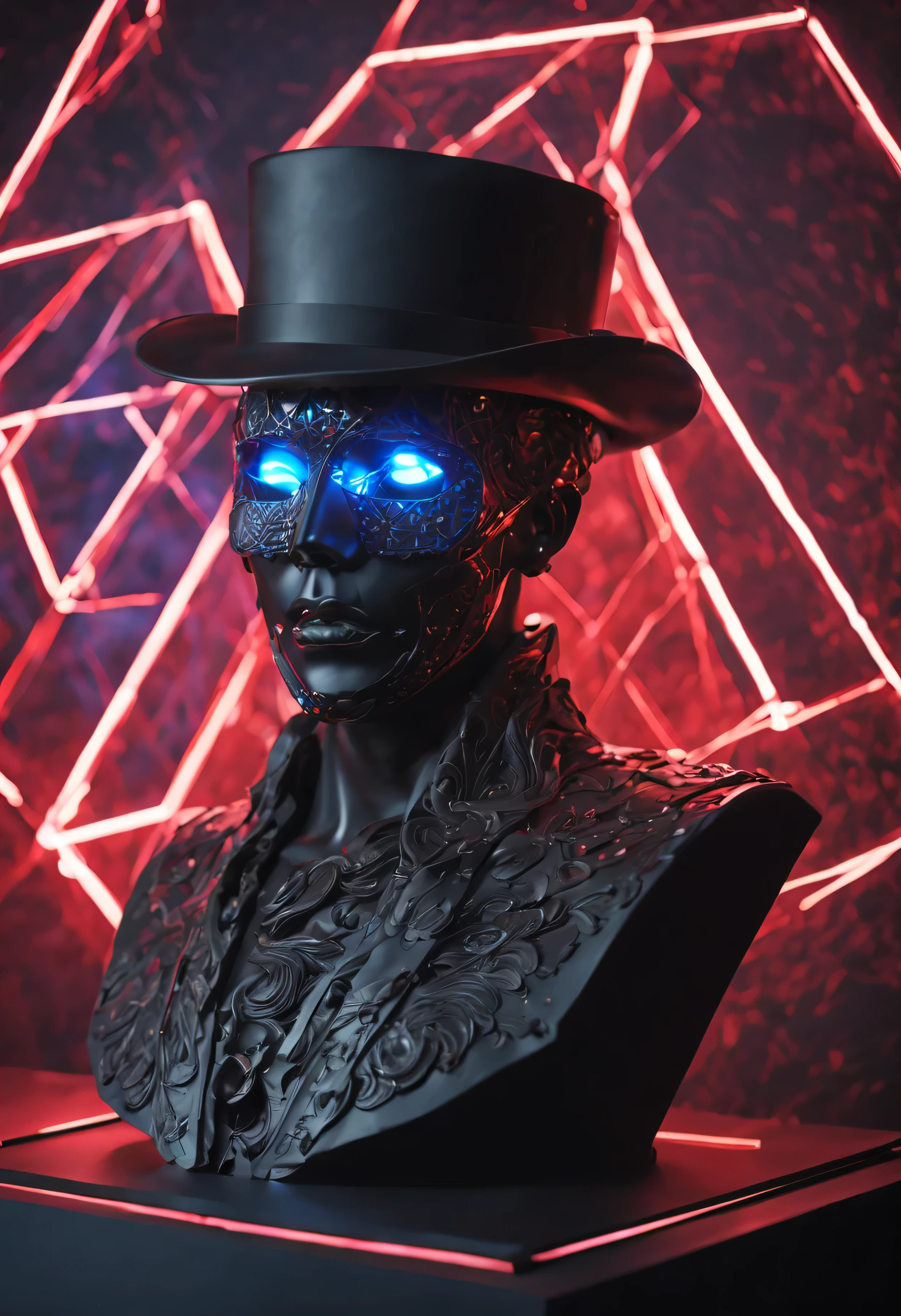 dark gray statue of david，broken to pieces，Comes with stainless steel skull mask，Wearing black women&#39;s hat，There is a pattern on the hat，Overall dark black background，A triangular LED ambient light strip hangs from the statue，Lighting does not affect statues and masks，Lights emit red and blue transitions。Very sci-fi