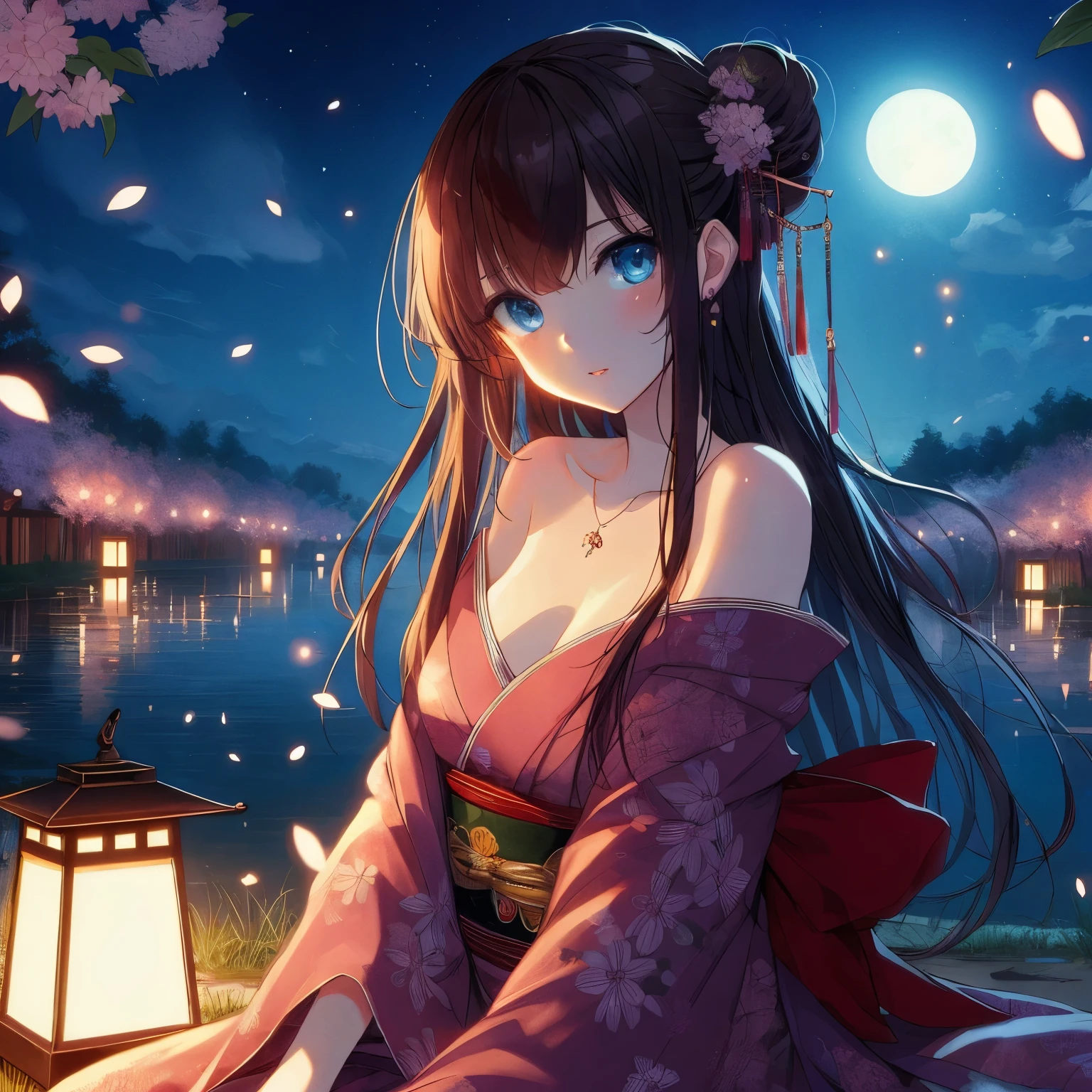 Anime girl wearing kimono sitting on the ground by the lake, anime style 4k, night nucleus, Beautiful anime girl, Beautiful anime, Beautiful anime woman, anime wallpaper4K, anime wallpaper4k, 4kanime wallpaper, anime art wallpaper 4k, Anime Art Wallpaper 4k, anime wallpaper, hd anime wallpaper, beautiful anime girl