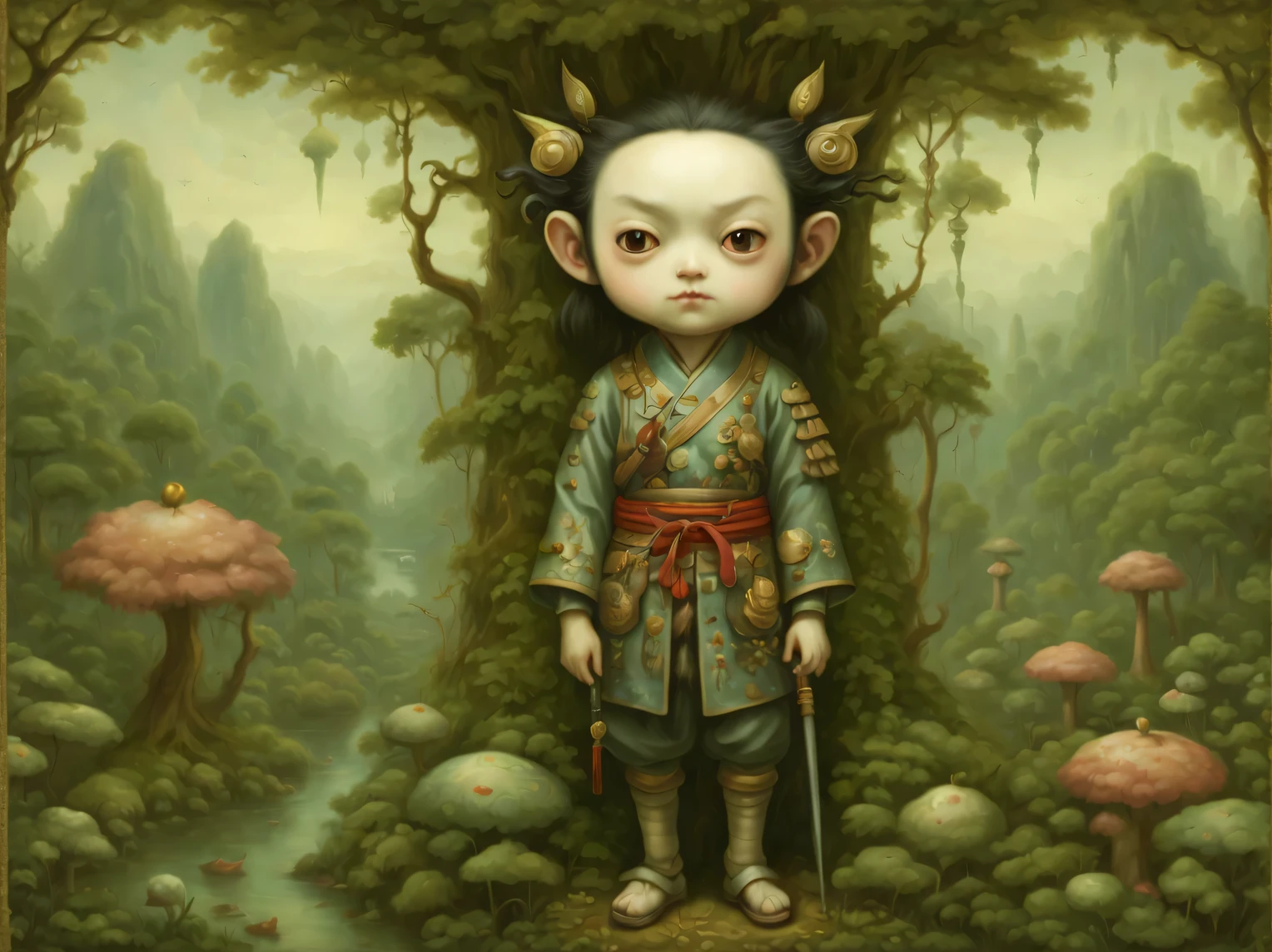 The neural network draws a picture against the backdrop of a surreal Asian jungle, heroic samurai from another world, samurai looks majestic, beautiful samurai clothes, slim tall build, Developed muscles, loose hair, A high resolution, High detail, clarity 32 thousand., A high resolution, 64-bit color depth, (Mark Ryden: 1.5155), (Xue Wang: 1.1155), (Do it:1.255), bulk, Beautiful Image, High detail