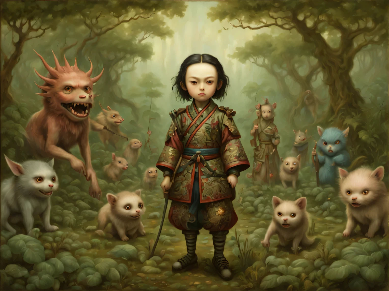 The neural network draws a picture against the backdrop of a surreal Asian jungle, heroic samurai from another world, samurai looks majestic, beautiful samurai clothes, slim tall build, Developed muscles, loose hair, A high resolution, High detail, clarity 32 thousand., A high resolution, 64-bit color depth, (Mark Ryden: 1.5155), (Xue Wang: 1.1155), (Do it:1.255), bulk, Beautiful Image, High detail