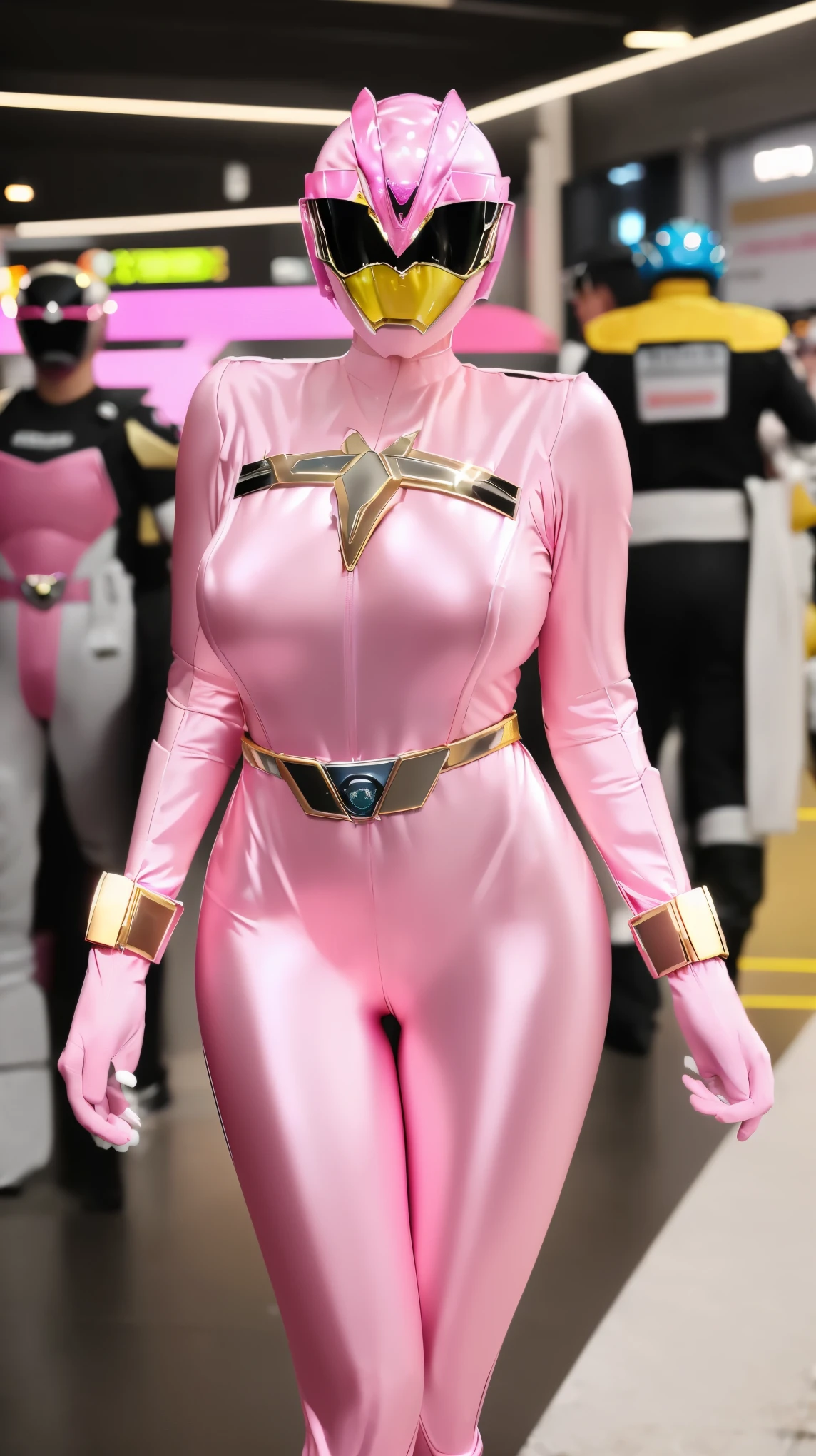 (8K、ultra high resolution、highest quality、masterpiece、realistic、ultra high resolution)、(((Must be female、Always shiny neon pink Power Rangers、Must have big breasts、Definitely quite big breasts、feminine body、tight buttocks))A full-face helmet that ensures that your face and hair are not exposed.、Always a shiny neon pink full body suit、big emblem on the chest:1.3)(very shiny helmet and suit)、sexy pose、(Must be a cosplay venue at Tokyo Big Sight)