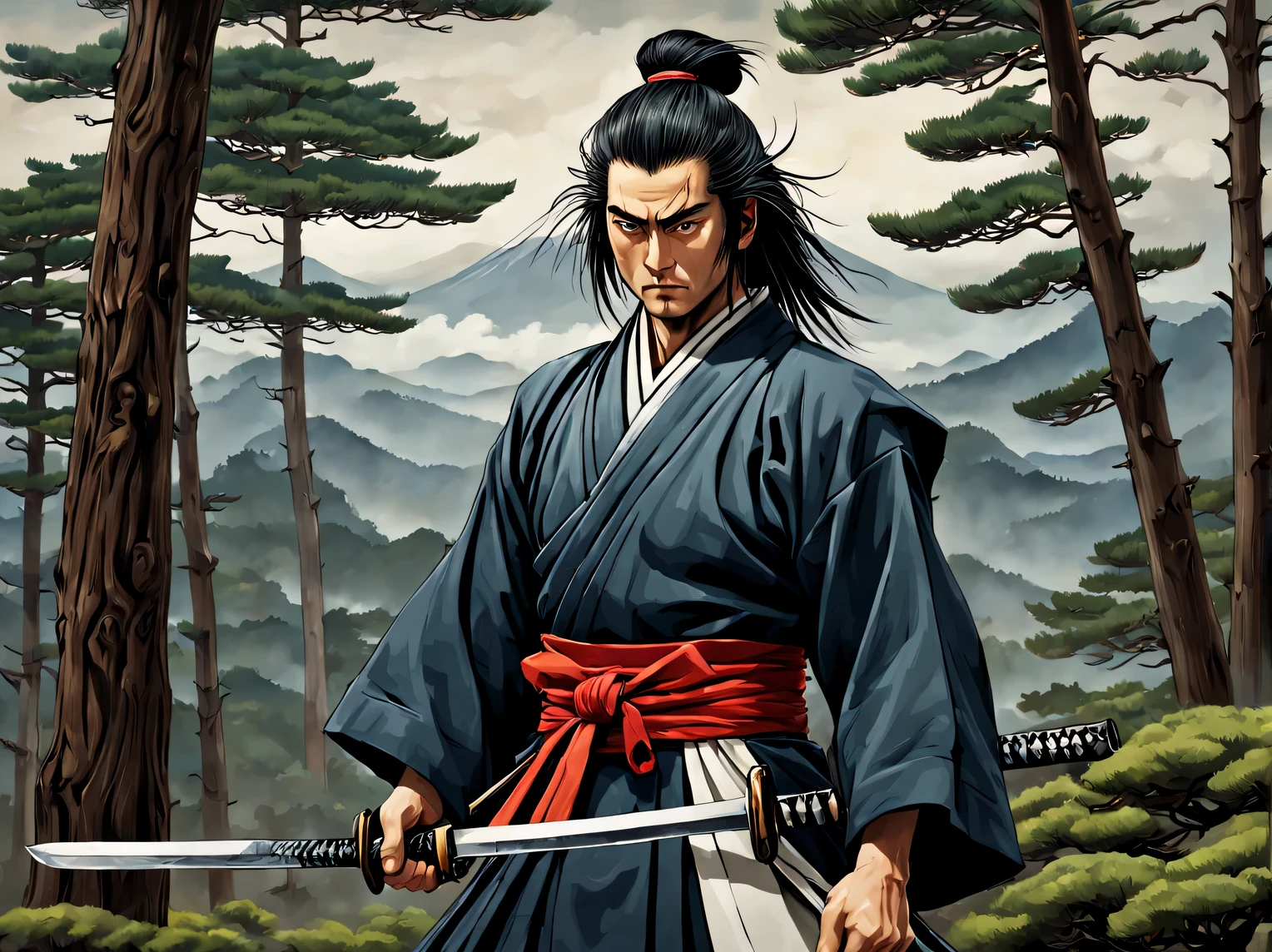 The neural network draws a picture against the backdrop of Fuji and Japanese pine trees, heroic creature - proud samurai, holding a samurai katana sword, samurai clothing, slim slim physique, Developed muscles, loose hair, High detail, clarity 32 thousand., A high resolution, 64-bit color depth, (Mark Rayden: 1.1155), (Xue Wang: 1.1155), (Do it:1.255), a lot of details, Beautiful image