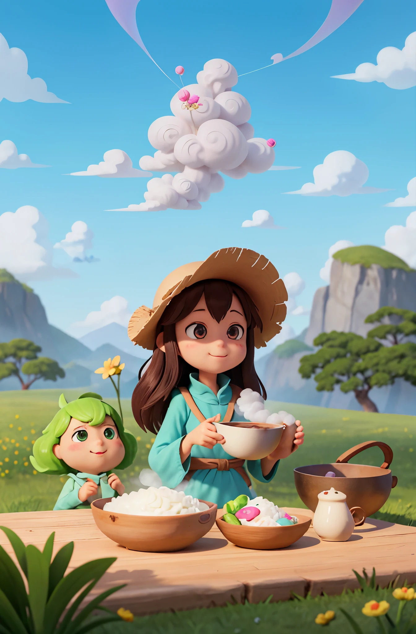 A treasure hunt of spring delicacies，Illustration of a spring treasure map，The treasure location of &quot;Fresh and Smooth&quot; is marked on the map，A bowl of steaming Heyuan rice noodles is placed next to it，Steam rises，Create a mysterious and alluring atmosphere。，In front of the tent in the field, 8 K, Lovely and detailed digital art, artstation for kids art, cute digital art, anime yulu camp, Lovely art style