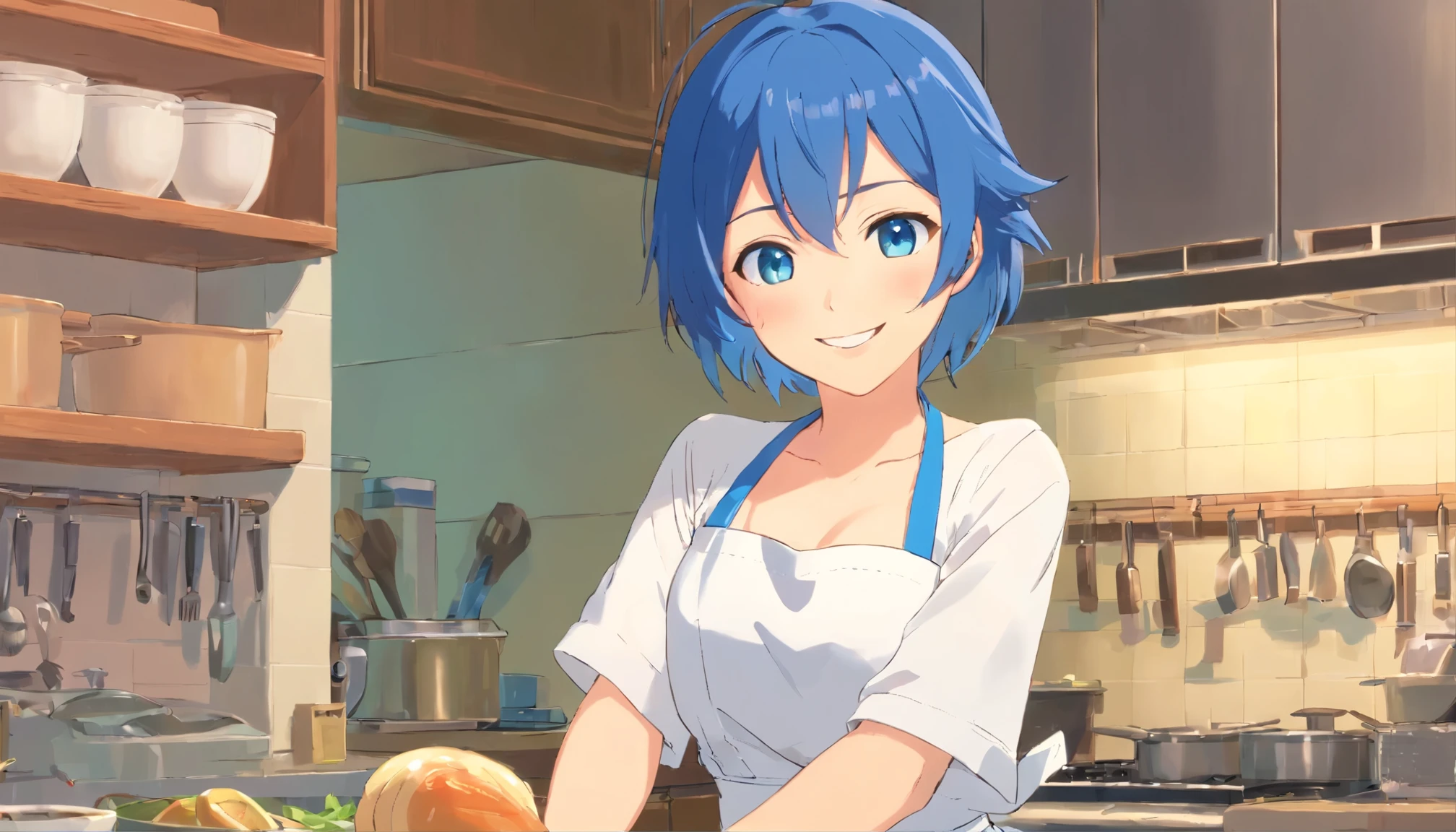 1girl, blue hair, smile, beautiful blue eyes, large breasts, cleavage, in the kitchen, Wearing only a white apron, sexy