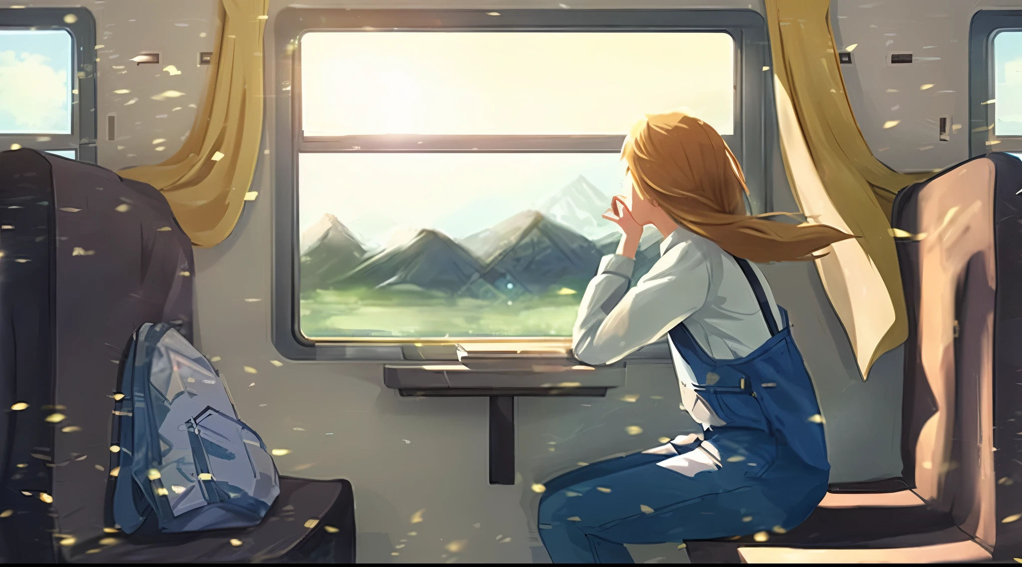 There was a woman sitting on the train looking out the window., looking at the mountain, looking out the window, relaxing concept art, near the window, ( ( Makoto Shinkai ) ), Inspired by Makoto Shinkai, landscape artwork, look out the window, look out the window, travel in the mountains, dreamy illustration, detailed fan art, sunny day