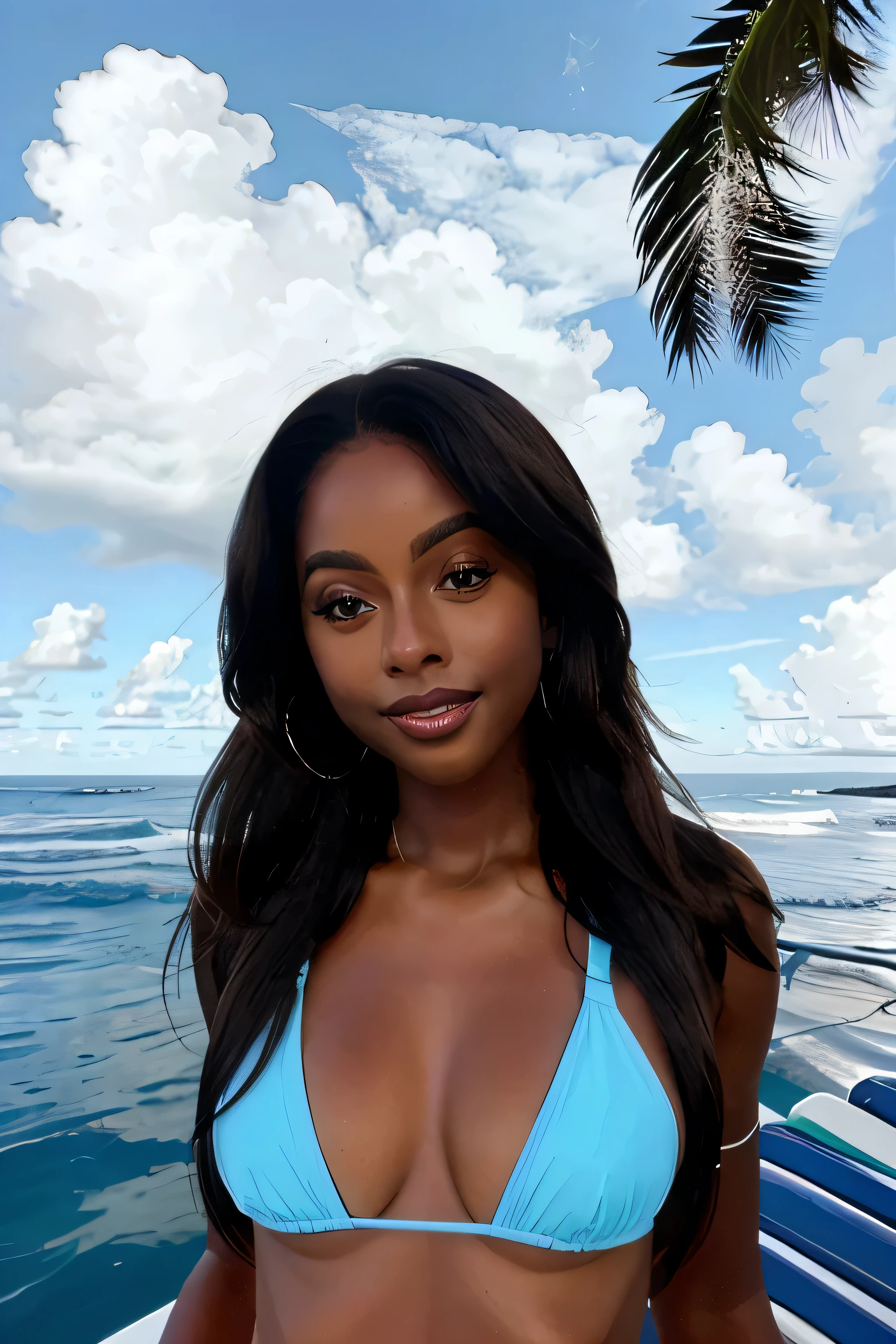 melis,dark skin,long hair,blue bikini, at a beach, with a selfie, large breasts,(((upper body:1.2)))