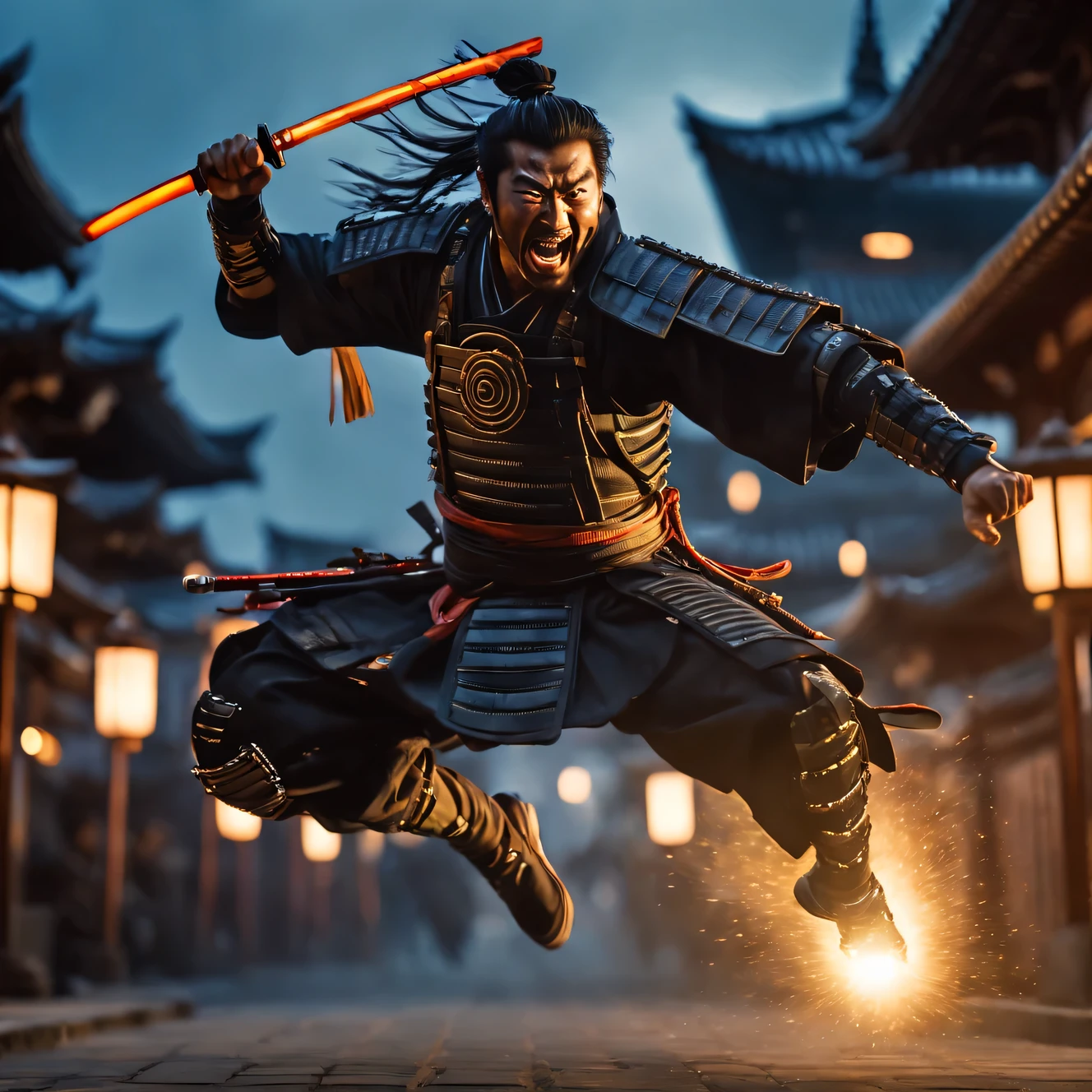 cinematic frame, depicting an action scene, cybernetic samurai makes a jump and swings his sword at the enemy, emotions of rage on his face, grin of rage, metropolis street, Evening, Evening lighting, lantern light, Dynamic frame, cinematic lighting, focus on samurai, High detail, maximum realism, cinematic treatment