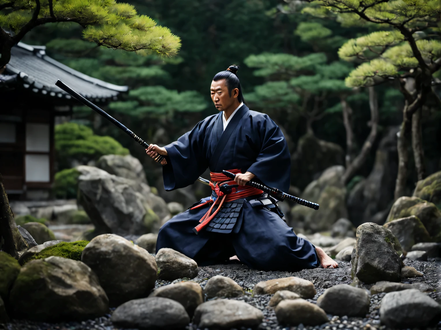 realistic photo, Samurai in the rock garden performs a hara-kiri ritual