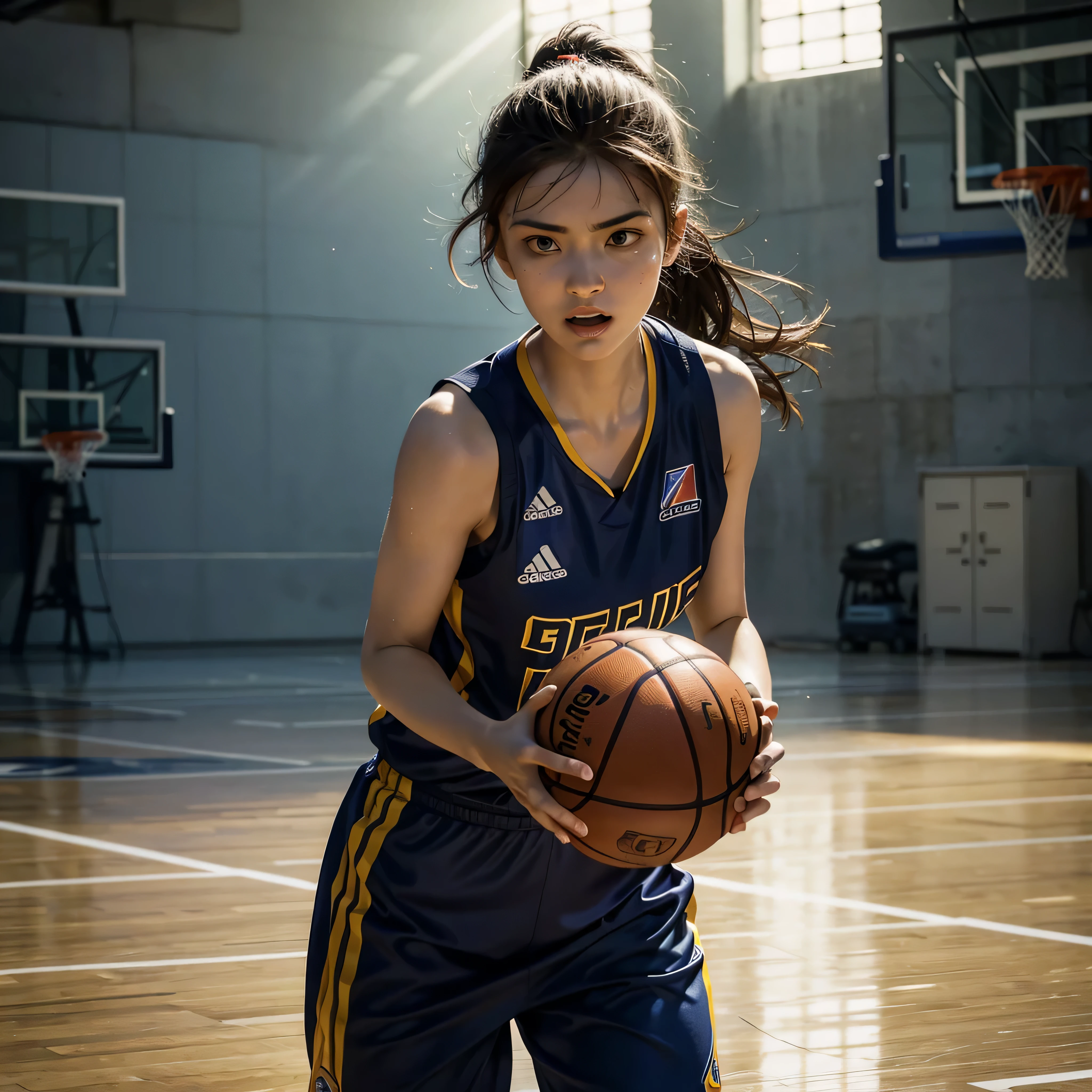 Un superbe basketteur en action, FIFA style, en haute résolution, Image 4K. Avec une expression concentrée et de la sueur coulant de son front, she throws the ball towards the hoop in a dynamic and realistic scene. Her fiba swimsuit hugs her toned and athletic body., et ses yeux brillent de détermination. The court is bathed in cinematic lighting, with a vibrant, textured background highlighting the&#39;energy and&#39;excitation du jeu. Swept shadows and highlights bring depth and depth to the&#39;illustration, ce qui en fait un chef-d&#39;work of both realism and&#39;art.
