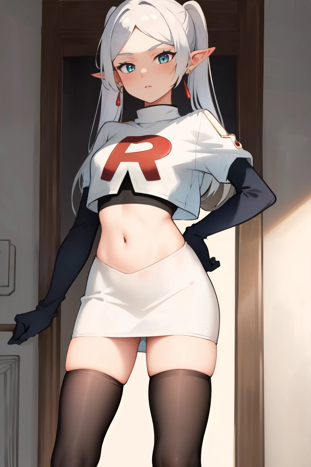 (masterpiece, best quality),  intricate details,
1girl,     frieren, long hair, pointy ears, jewelry, earrings, twintails, parted bangs, team rocket,team rocket uniform,white skirt,crop top,black thigh-highs,black elbow gloves,