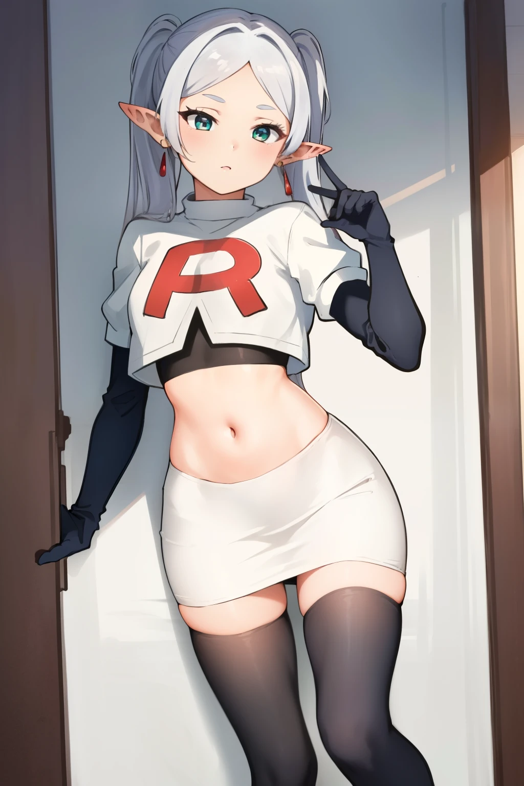 (masterpiece, best quality),  intricate details,
1girl,     frieren, long hair, pointy ears, jewelry, earrings, twintails, parted bangs, team rocket,team rocket uniform,white skirt,crop top,black thigh-highs,black elbow gloves,