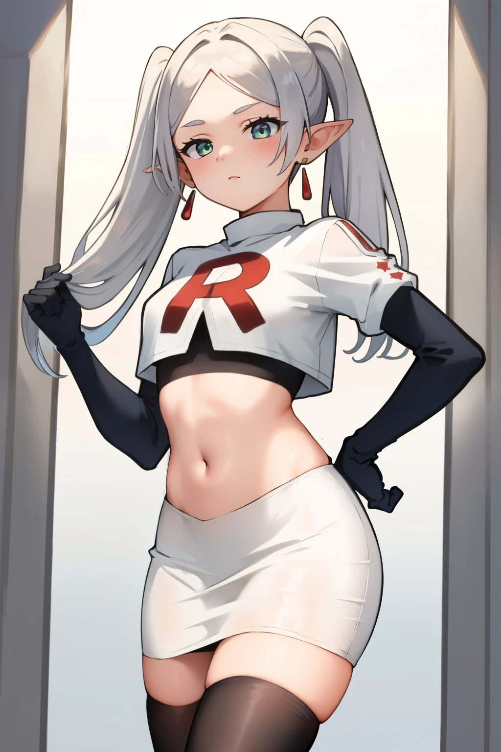 (masterpiece, best quality),  intricate details,
1girl,     frieren, long hair, pointy ears, jewelry, earrings, twintails, parted bangs, team rocket,team rocket uniform,white skirt,crop top,black thigh-highs,black elbow gloves,