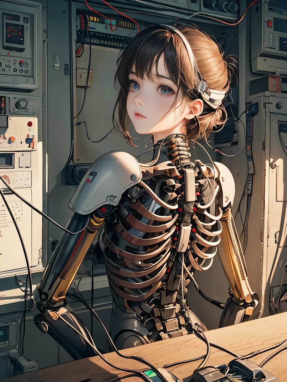 (((masterpiece))), (((highest quality))), ((super detailed)), (Highly detailed CG illustration), ((very delicate and beautiful)),(cute delicate face),cinematic light,((1 mechanical girl)),alone,whole body,(machine made joint:1.4),((mechanical limbs)),(exposed muscles),(blood vessels connected to tubes),(brain in a container:1.3),((mechanical vertebrae attached to the back)),((Mechanical cervical vertebrae attached to the neck)),((sitting)),No expression,(Wires and cables attached to the head and body:1.5),small breasts,short hair,(character focus),SF