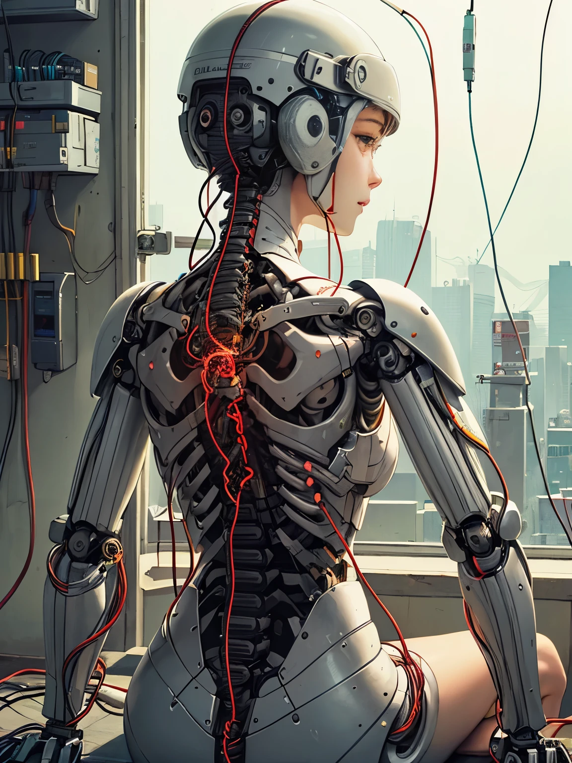 (((masterpiece))), (((highest quality))), ((super detailed)), (Highly detailed CG illustration), ((very delicate and beautiful)),(cute delicate face),cinematic light,((1 mechanical girl)),alone,whole body,(machine made joint:1.4),((mechanical limbs)),(exposed muscles),(blood vessels connected to tubes),(brain in a container:1.3),((mechanical vertebrae attached to the back)),((Mechanical cervical vertebrae attached to the neck)),((sitting)),No expression,(Wires and cables attached to the head and body:1.5),small breasts,short hair,(character focus),SF