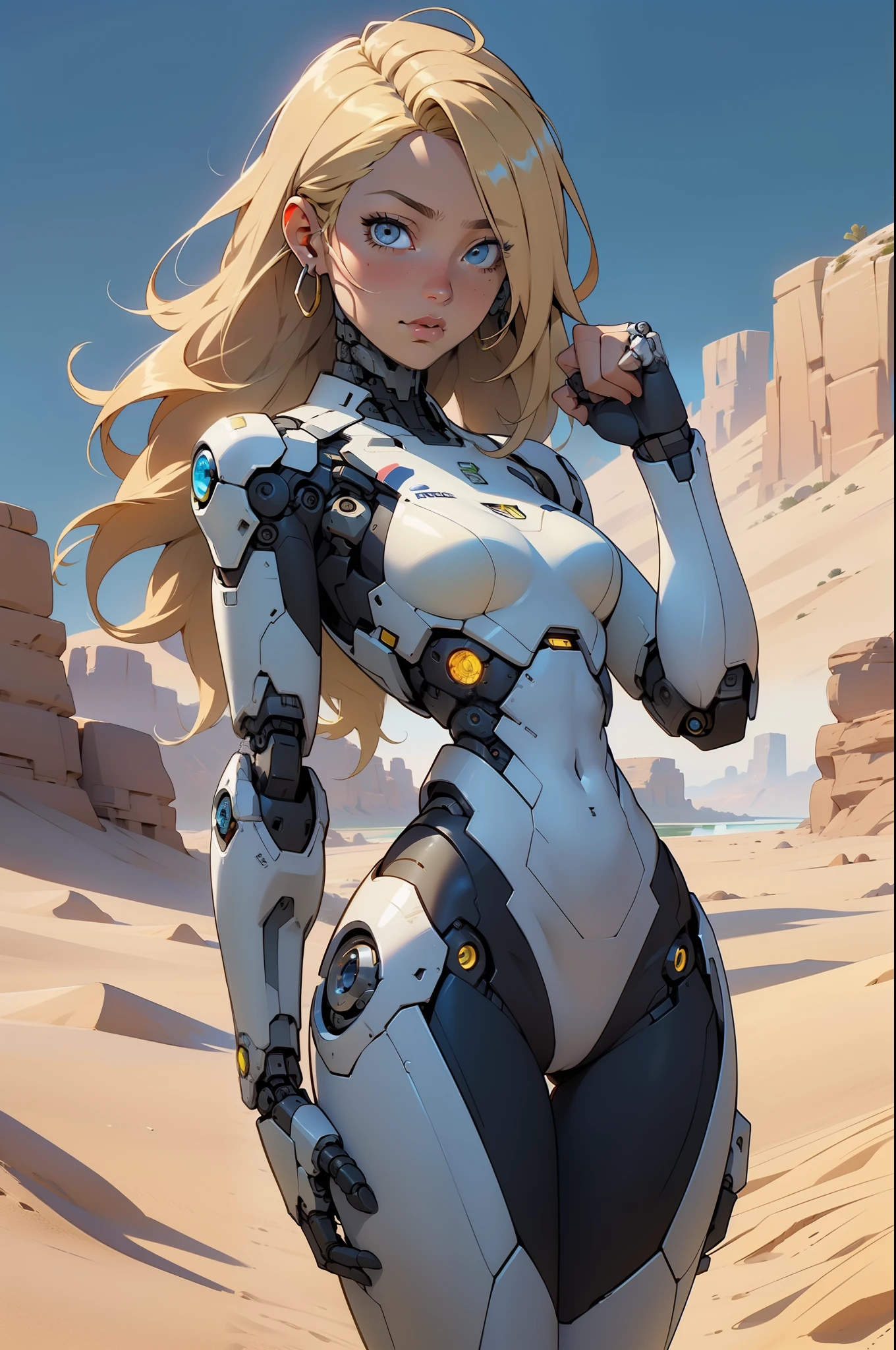 high quality, 4k, masterpiece, beautiful, cyborg girl, cowboy shot, dull eyes, looking at viewer, long blonde hair, girl, small breasts, slim thighs, robotic arms, robotic body, cyborg body, yellow accent, intricate detail, joint, detailed lines, robotic detail, holding fist up, holding hand up as fist, color robotic parts, robotic parts with color, perfect fingers, on a desert planet, sunny background, colorful desert, a river or a lake in the background