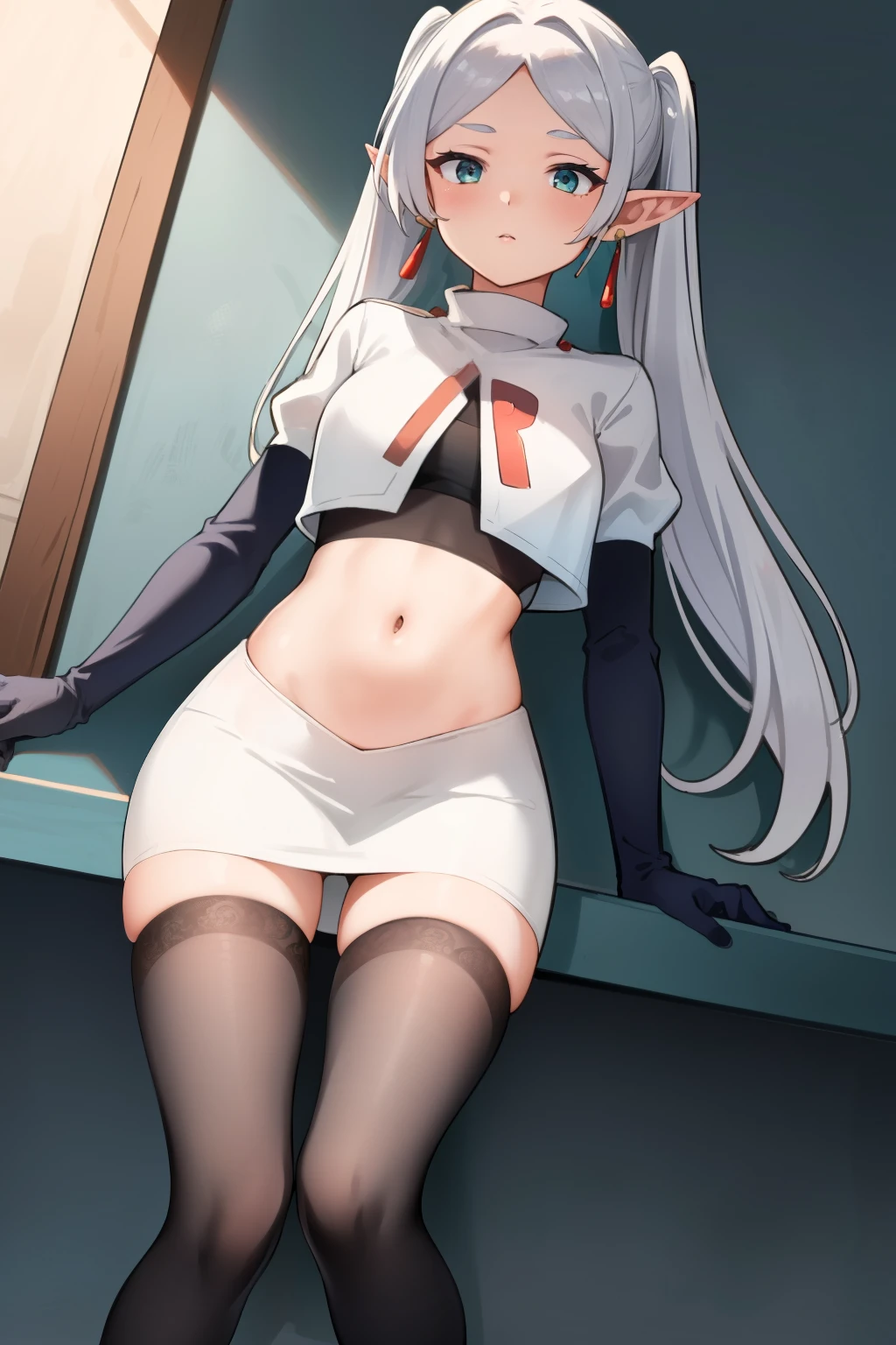 (masterpiece, best quality),  intricate details,
1girl,     frieren, long hair, pointy ears, jewelry, earrings, twintails, parted bangs, team rocket,team rocket uniform,white skirt,crop top,black thigh-highs,black elbow gloves,