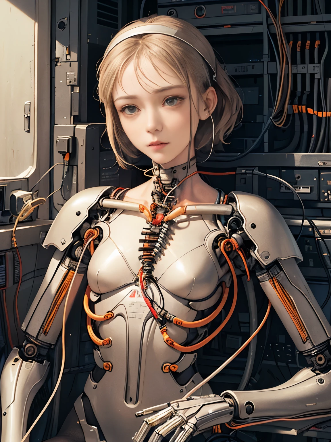 (((masterpiece))), (((highest quality))), ((super detailed)), (Highly detailed CG illustration), ((very delicate and beautiful)),(cute delicate face),cinematic light,((1 mechanical girl)),alone,whole body,(machine made joint:1.4),((mechanical limbs)),(exposed muscles),(blood vessels connected to tubes),(brain in a container:1.3),((mechanical vertebrae attached to the back)),((Mechanical cervical vertebrae attached to the neck)),((sitting)),No expression,(Wires and cables attached to the head and body:1.5),small breasts,short hair,(character focus),SF