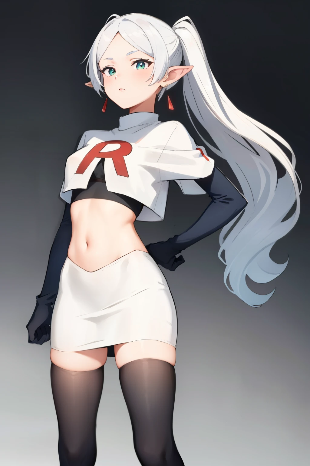 (masterpiece, best quality), intricate details,
1girl, frieren, long hair, pointy ears, jewelry, earrings, twintails, parted bangs, team rocket,team rocket uniform, red letter R, white skirt,white crop top,black thigh-highs,black elbow gloves