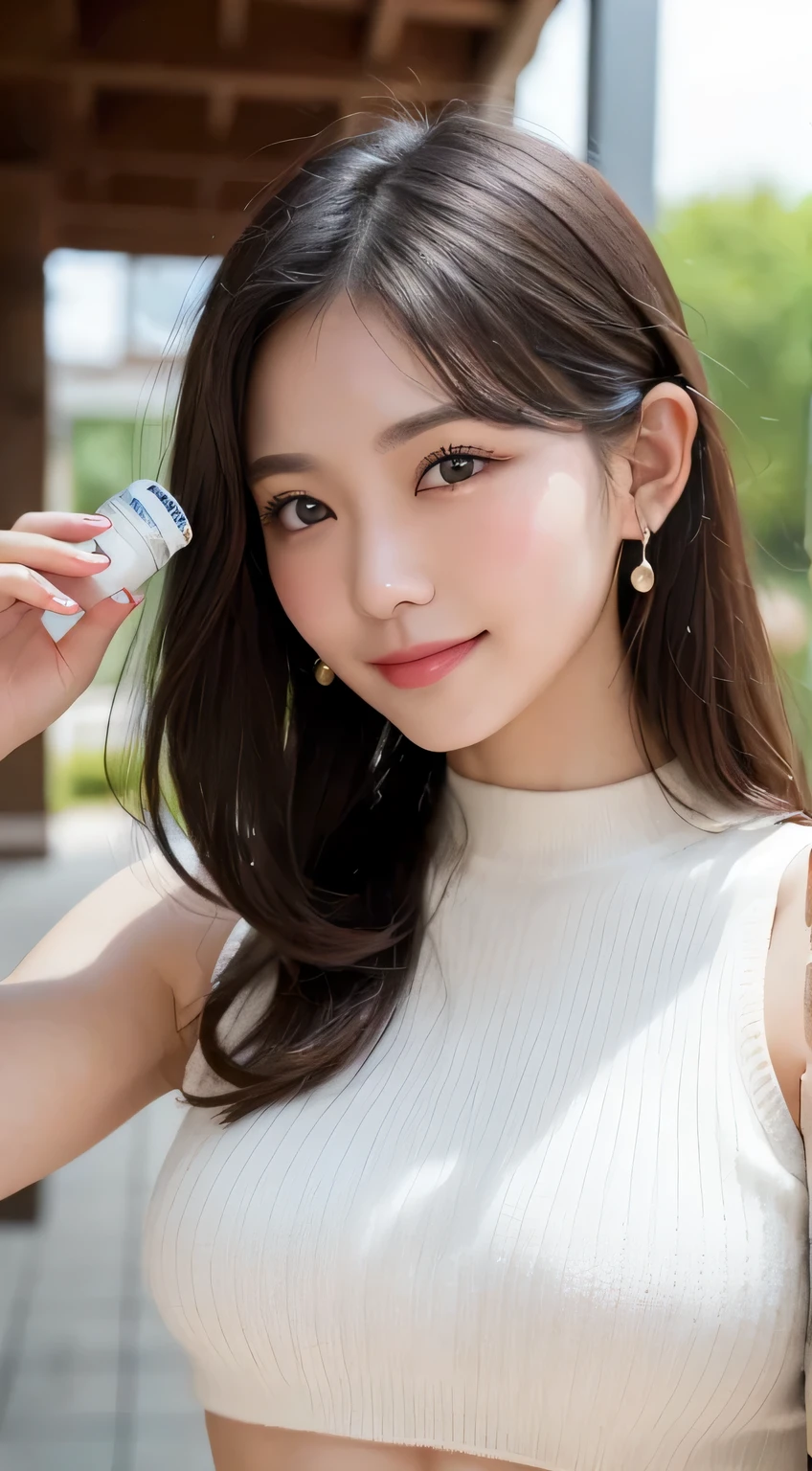 masutepiece, Best Quality, Photorealsitic, finely detail, hight resolution, 8K Wallpapers, Perfect dynamic composition, Beautiful detailed eyes, Medium Hair, large full breasts, Random and sexy poses, holding a serum bottle and showing infront of the camera, Bring your chest together、(Very Small Size Mock Neck Crop Tank Top White Knitwear)、(Breast bulge 1.2)、A smile、open open mouth、Resort scenery、23years old、(Drooping eyes 1.4)、Adult beauty、japanese, holding a small bottel serum with a smile, nice fingers holding a bottle. beautiful hand and fingers. smiling and posting towards the camera