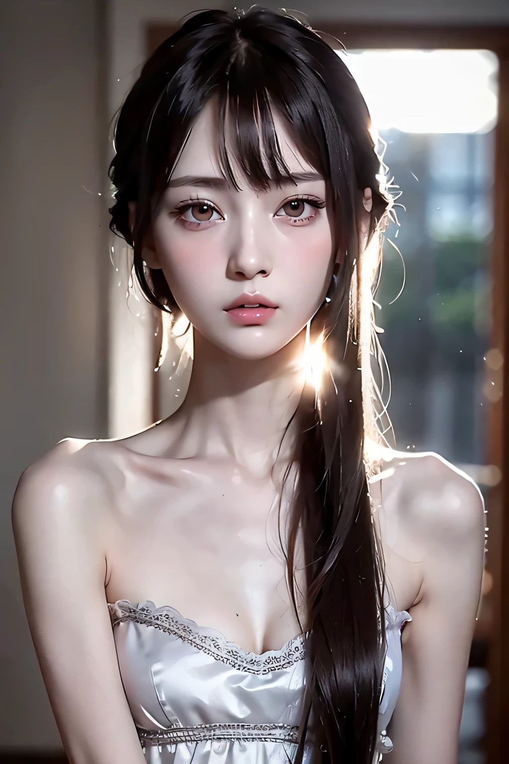 8k、High resolution、maid clothes fashion、beautiful girl、slender body、young、white skin,、narrow eyes,high nose,lighting that illuminates the face、clear image、intellectual beauty、skinny、no makeup、anxious look、lighting that illuminates the face,shining hair、single eyelid,cute pose