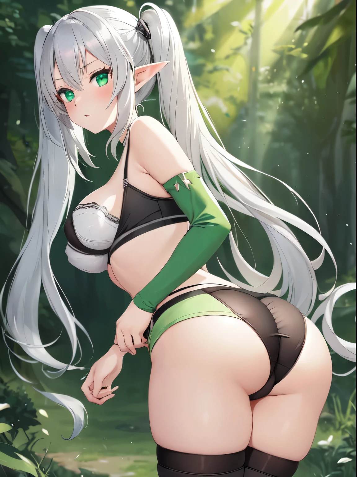 Frieren , anime, 1girl, ass, bra, thighs, silver_hair, twintail_hair, frieren, (frieren: Beyond_journey's_end), light_green_eyes, elf, big_breasts, tight_shorts