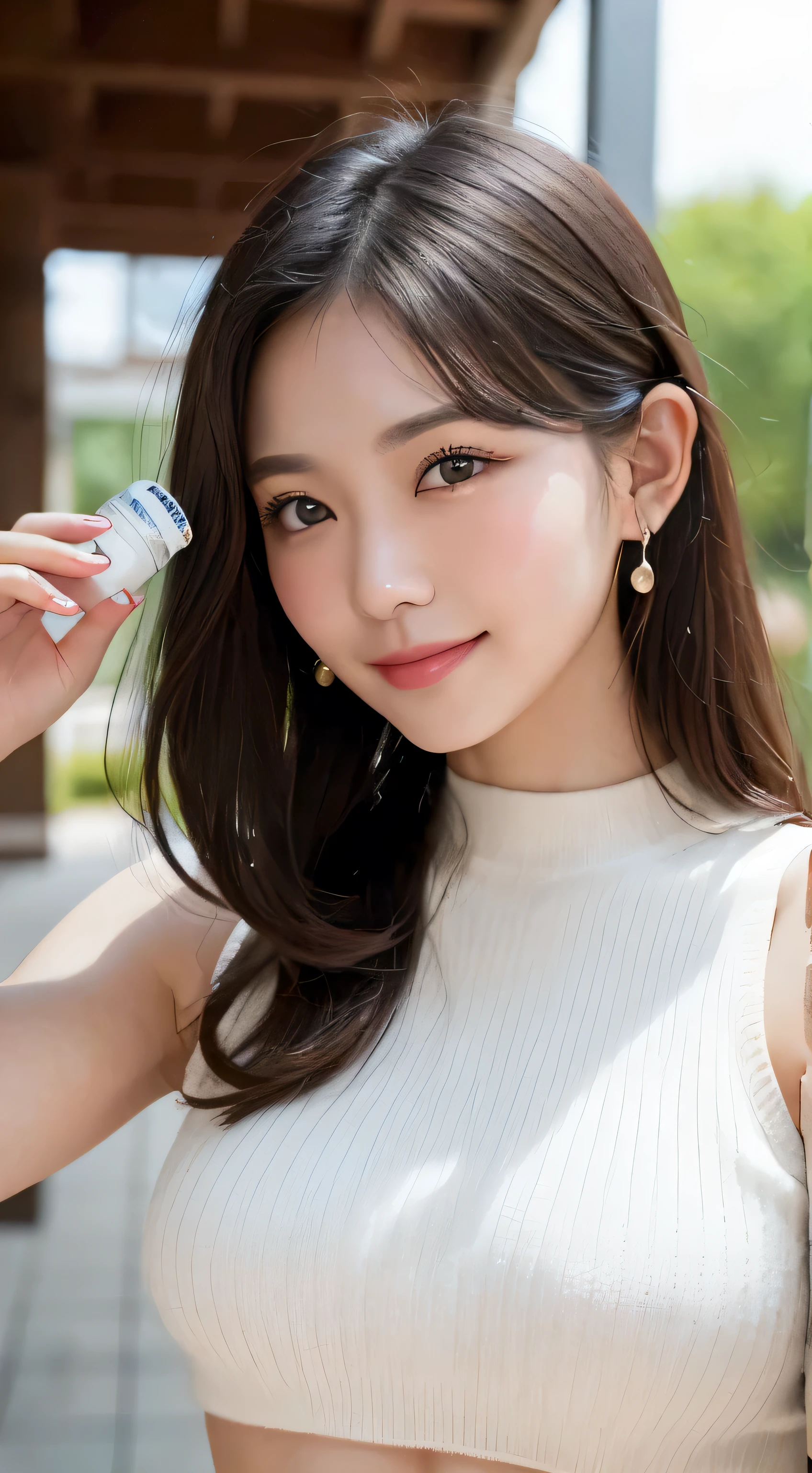 masutepiece, Best Quality, Photorealsitic, finely detail, hight resolution, 8K Wallpapers, Perfect dynamic composition, Beautiful detailed eyes, Medium Hair, large full breasts, Random and sexy poses, holding a serum bottle and showing infront of the camera, Bring your chest together、(Very Small Size Mock Neck Crop Tank Top White Knitwear)、(Breast bulge 1.2)、A smile、open open mouth、Resort scenery、23years old、(Drooping eyes 1.4)、Adult beauty、japanese, holding a small bottel serum with a smile, nice fingers holding a bottle. beautiful hand and fingers. smiling and posting towards the camera